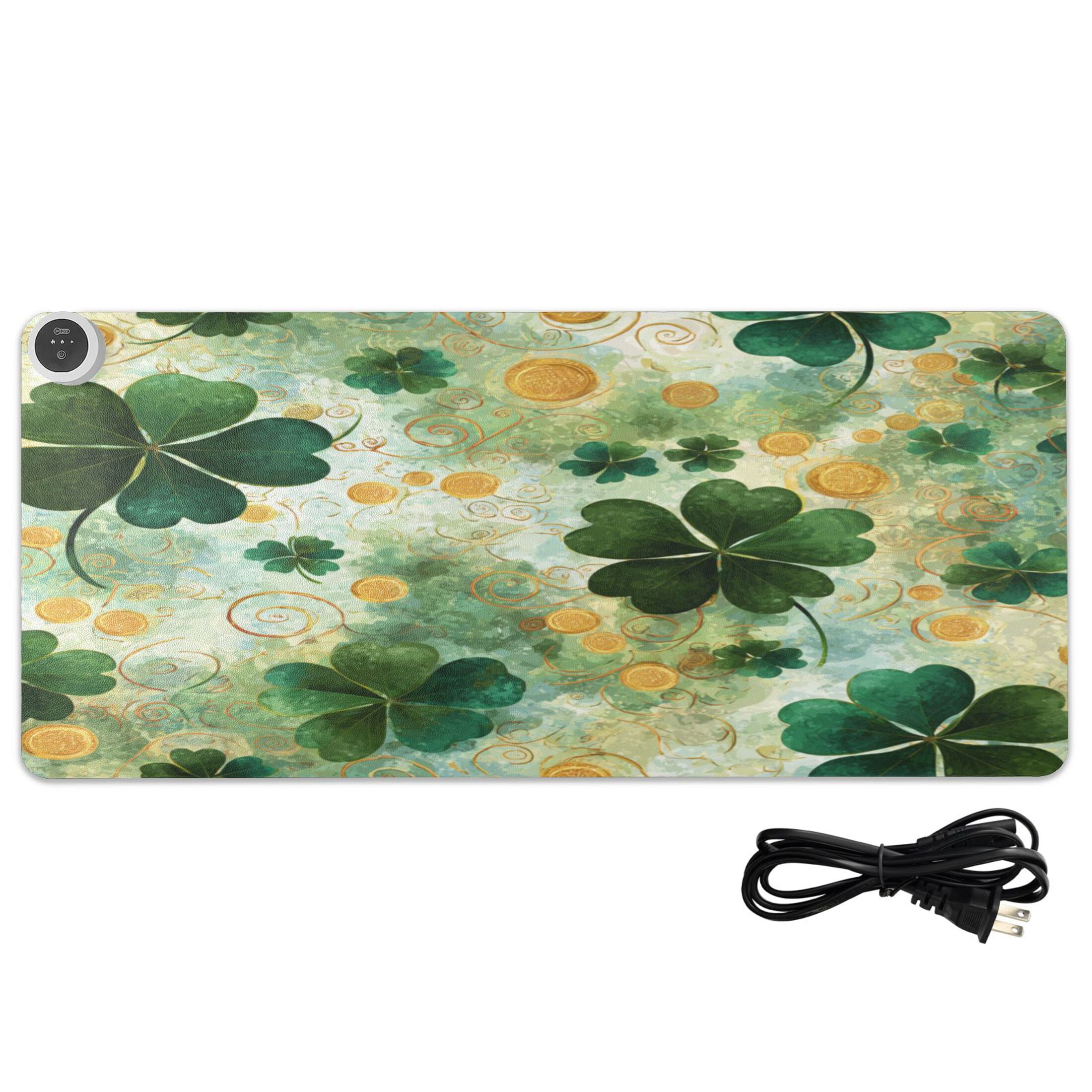 Large Heated Desk Mat Mouse Pad 31.5"x13"PU Leather Graphene Heating Desk Warmer with 3 Temperature Settings 110V US Plug Non-Slip Warm Pad for Home, Office, and Gaming Lucky Clover Coin Pattern