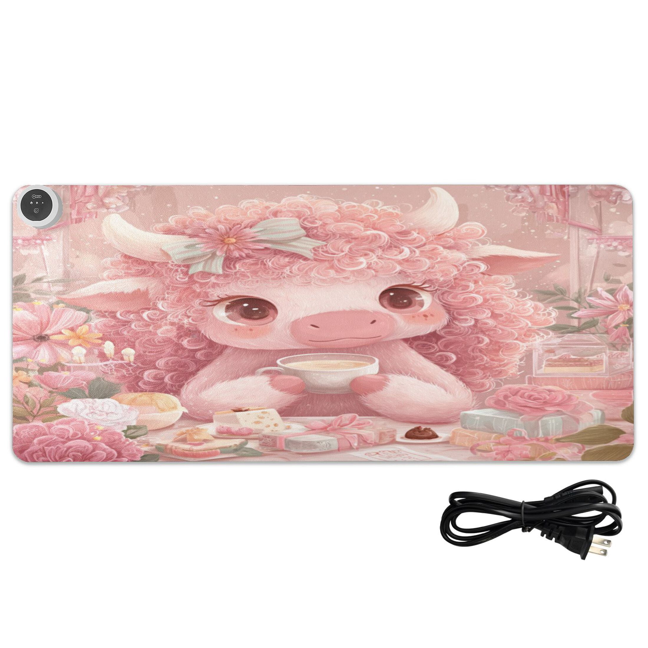 Large Heated Desk Mat Mouse Pad 31.5"x13"PU Leather Graphene Heating Desk Warmer with 3 Temperature Settings 110V US Plug Non-Slip Warm Pad for Home, Office, and Gaming Cute Little Pink Cow