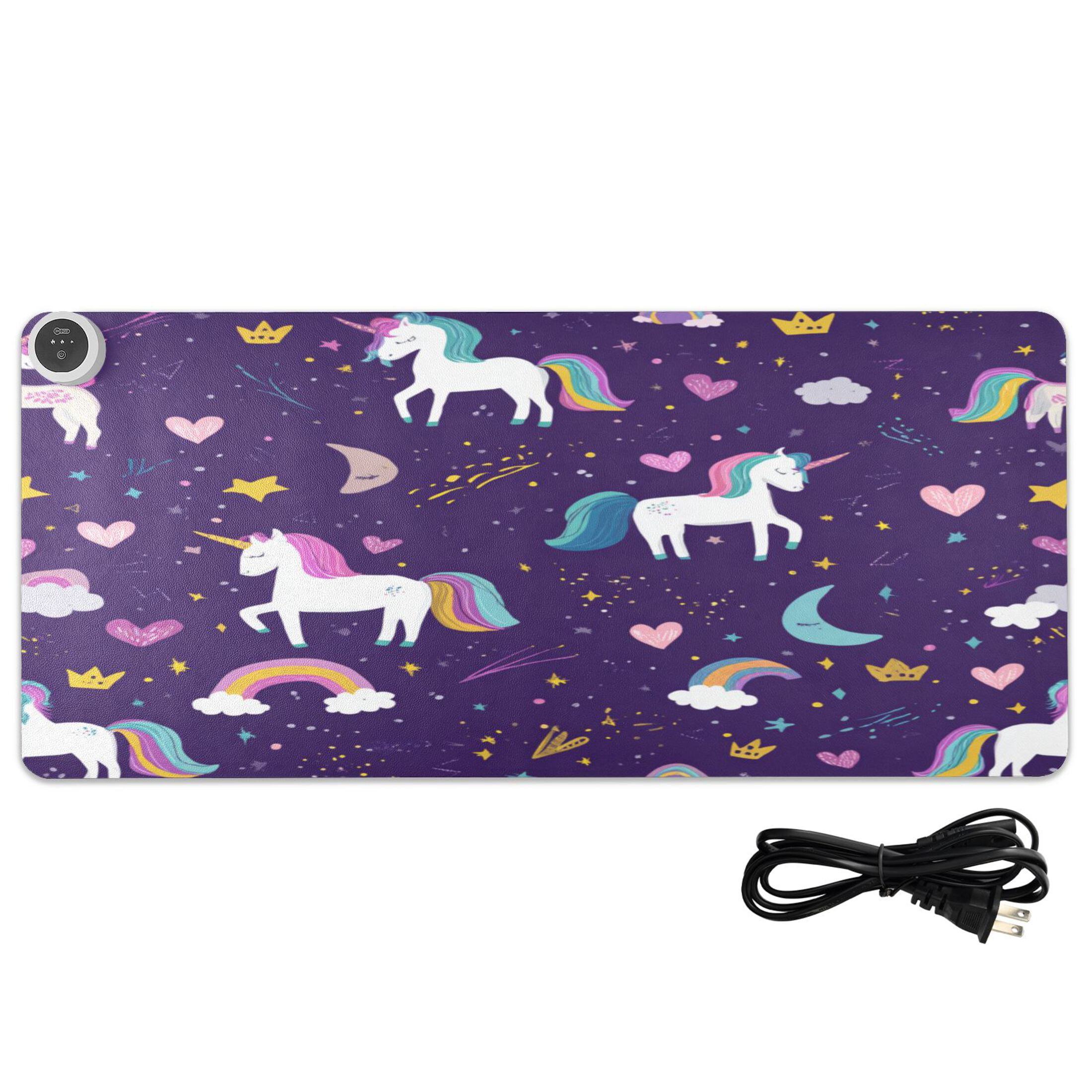 Large Heated Desk Mat Mouse Pad 31.5"x13"PU Leather Graphene Heating Desk Warmer with 3 Temperature Settings 110V US Plug Non-Slip Warm Pad for Home, Office, and Gaming Dark Purple Unicorn Print