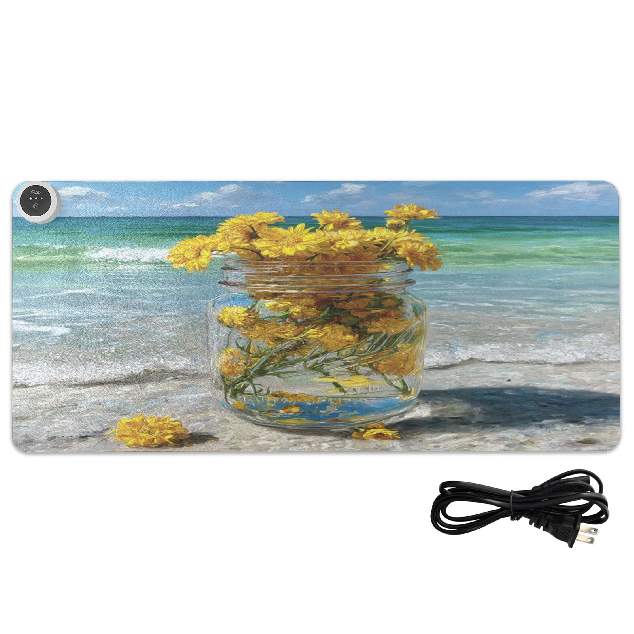 Large Heated Desk Mat Mouse Pad 31.5"x13"PU Leather Graphene Heating Desk Warmer with 3 Temperature Settings 110V US Plug Non-Slip Warm Pad for Home, Office, and Gaming Yellow Daisy Glass Jar