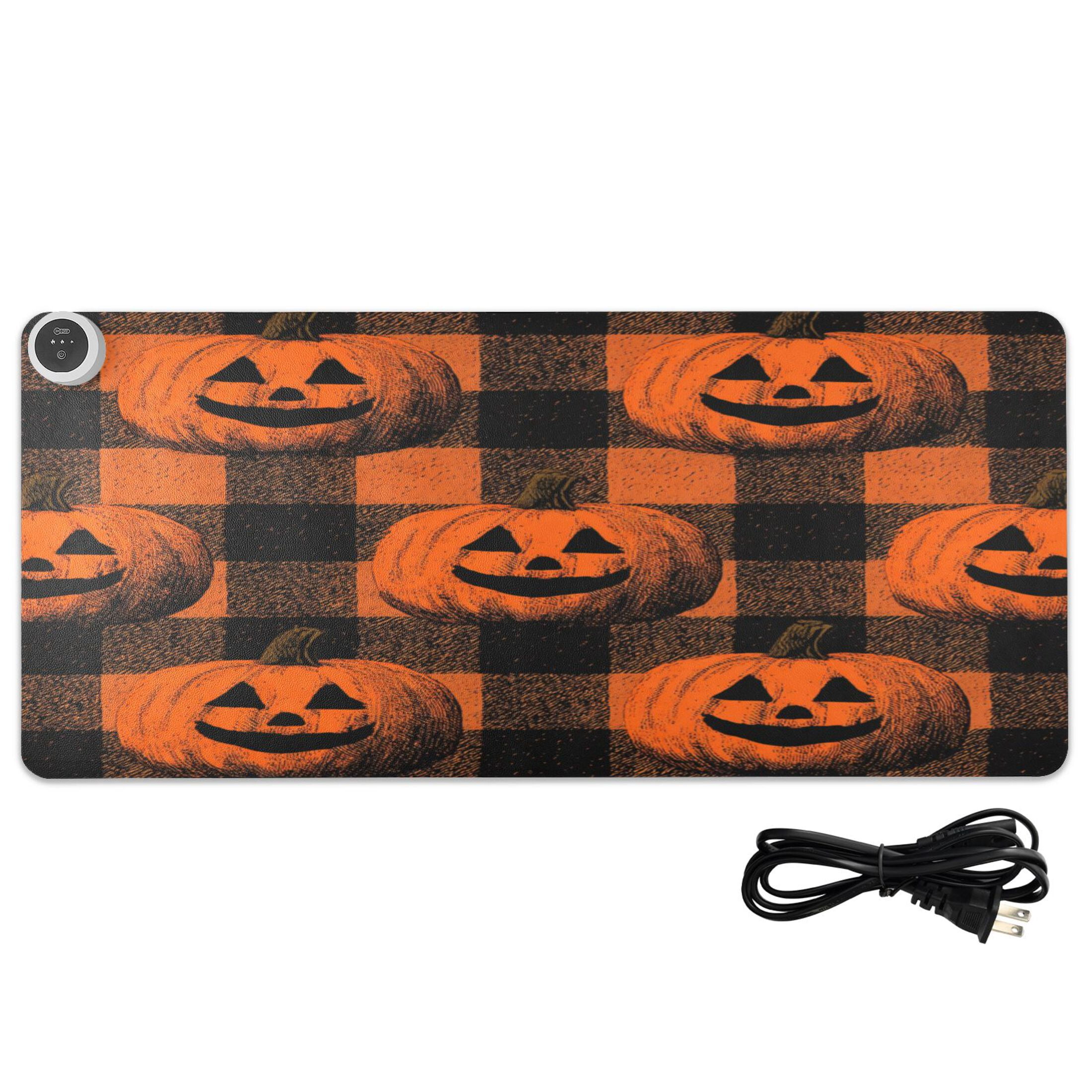 Large Heated Desk Mat Mouse Pad 31.5"x13"PU Leather Graphene Heating Desk Warmer with 3 Temperature Settings 110V US Plug Non-Slip Warm Pad for Home, Office, and Gaming Orange Striped Smiley Pumpkins