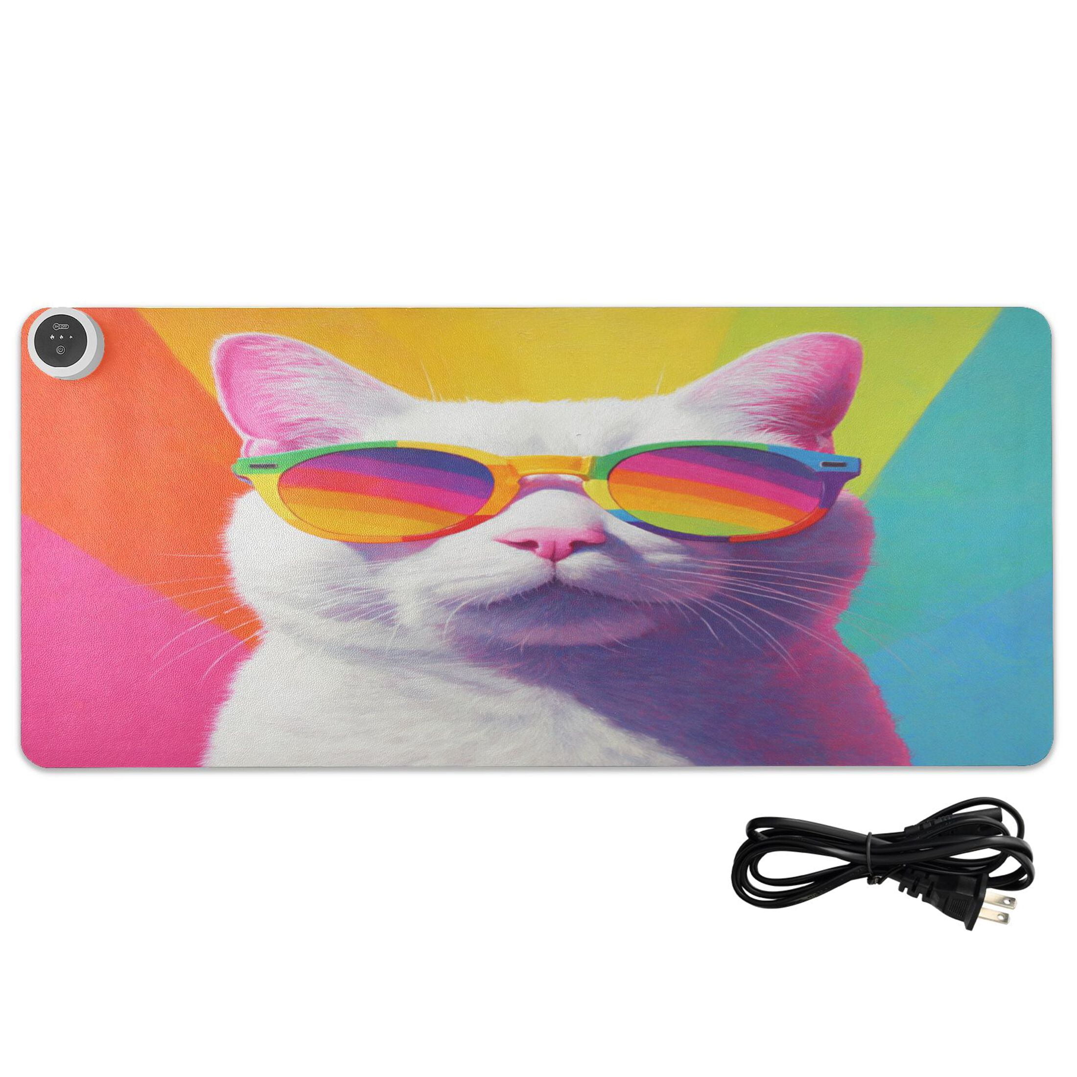 Large Heated Desk Mat Mouse Pad 31.5"x13"PU Leather Graphene Heating Desk Warmer with 3 Temperature Settings 110V US Plug Non-Slip Warm Pad for Home, Office, and Gaming White Cat Colorful Sunglasses