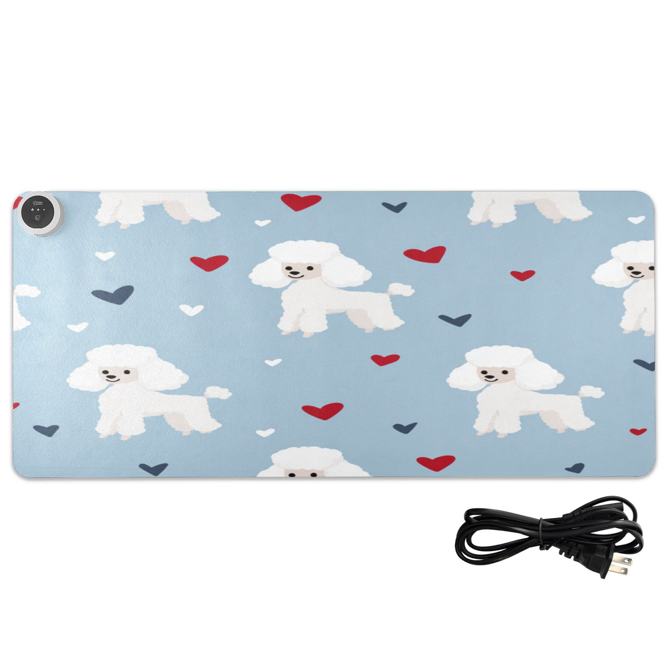 Large Heated Desk Mat Mouse Pad 31.5"x13"PU Leather Graphene Heating Desk Warmer with 3 Temperature Settings 110V US Plug Non-Slip Warm Pad for Home, Office, and Gaming Cute Sweet Poodle Hearts
