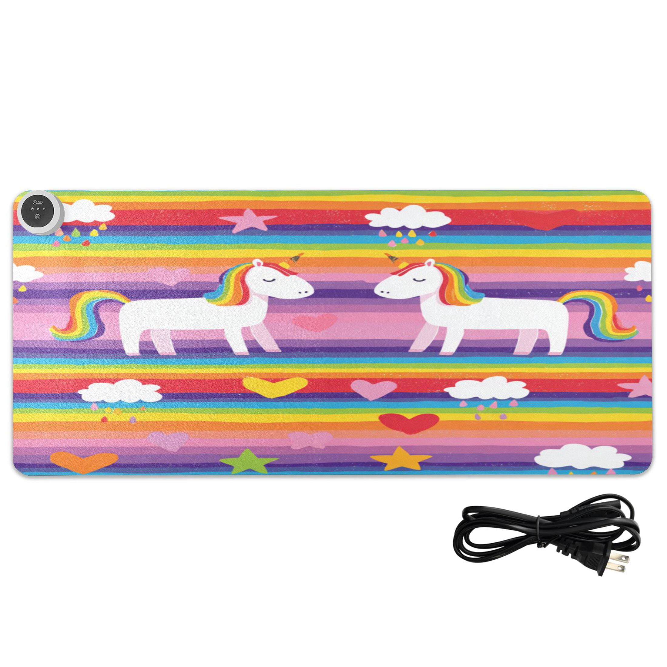 Large Heated Desk Mat Mouse Pad 31.5"x13"PU Leather Graphene Heating Desk Warmer with 3 Temperature Settings 110V US Plug Non-Slip Warm Pad for Home, Office, and Gaming Rainbow Striped Unicorn Print