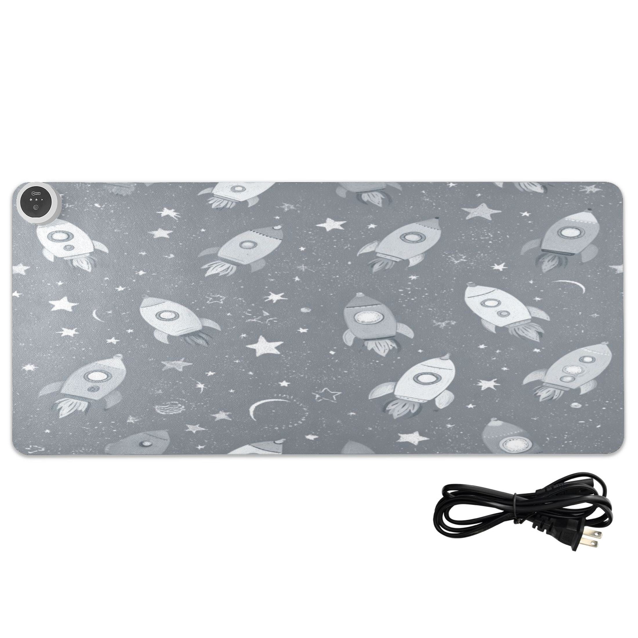 Large Heated Desk Mat Mouse Pad 31.5"x13"PU Leather Graphene Heating Desk Warmer with 3 Temperature Settings 110V US Plug Non-Slip Warm Pad for Home, Office, and Gaming Grey Space Rocket Print