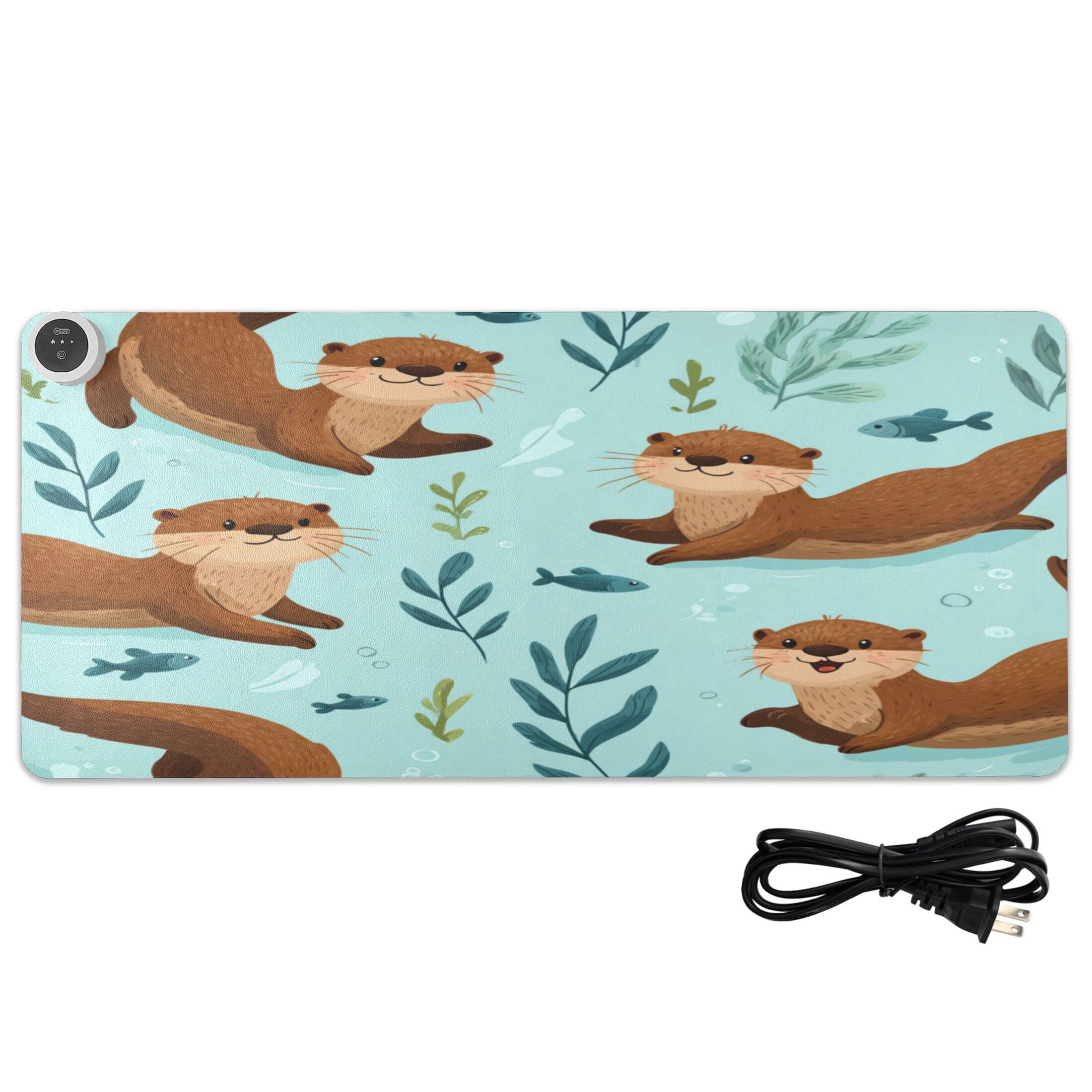 Large Heated Desk Mat Mouse Pad 31.5"x13"PU Leather Graphene Heating Desk Warmer with 3 Temperature Settings 110V US Plug Non-Slip Warm Pad for Home, Office, and Gaming Happy Otter Underwater Art