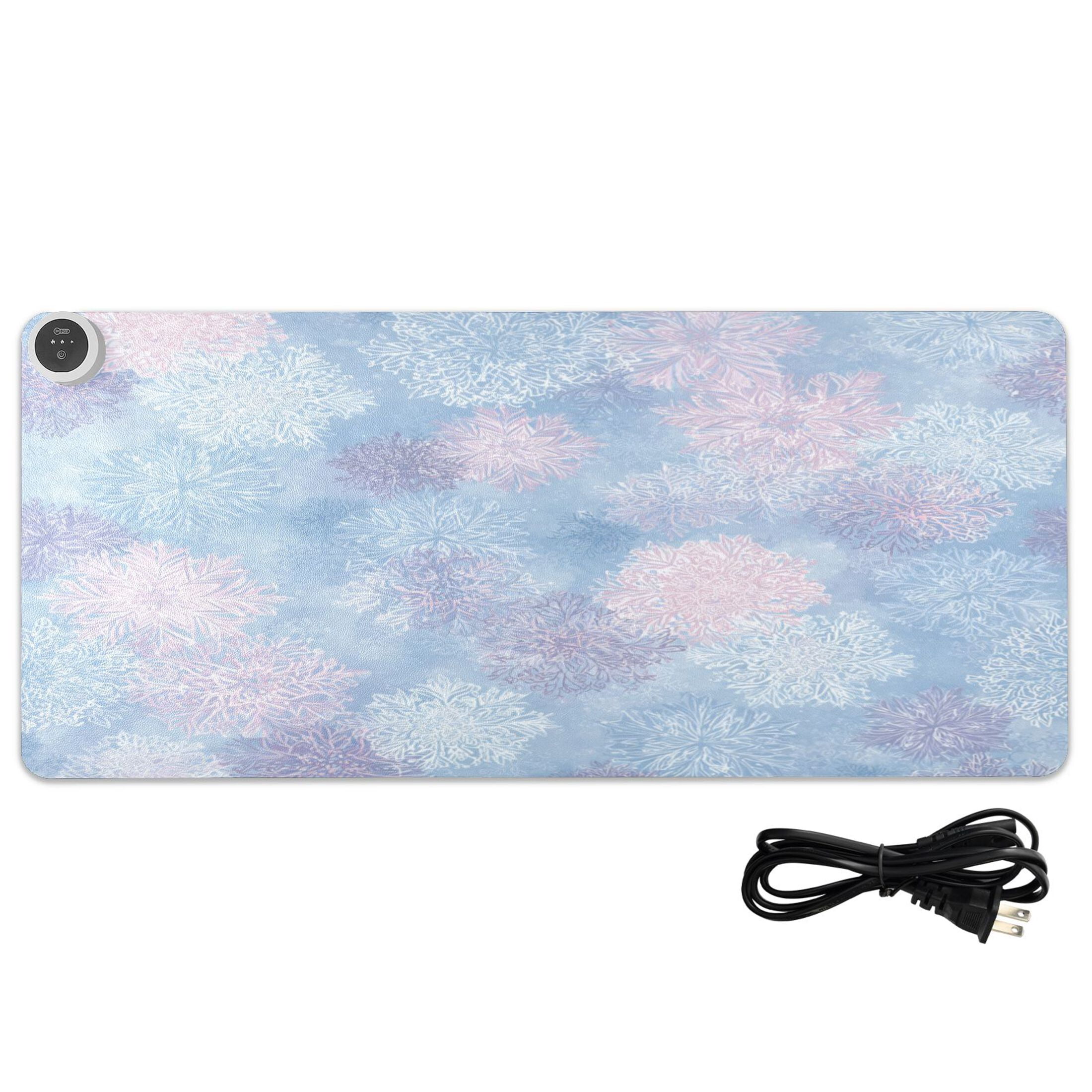 Large Heated Desk Mat Mouse Pad 31.5"x13"PU Leather Graphene Heating Desk Warmer with 3 Temperature Settings 110V US Plug Non-Slip Warm Pad for Home, Office, and Gaming Pale Blue Pink Snowflakes