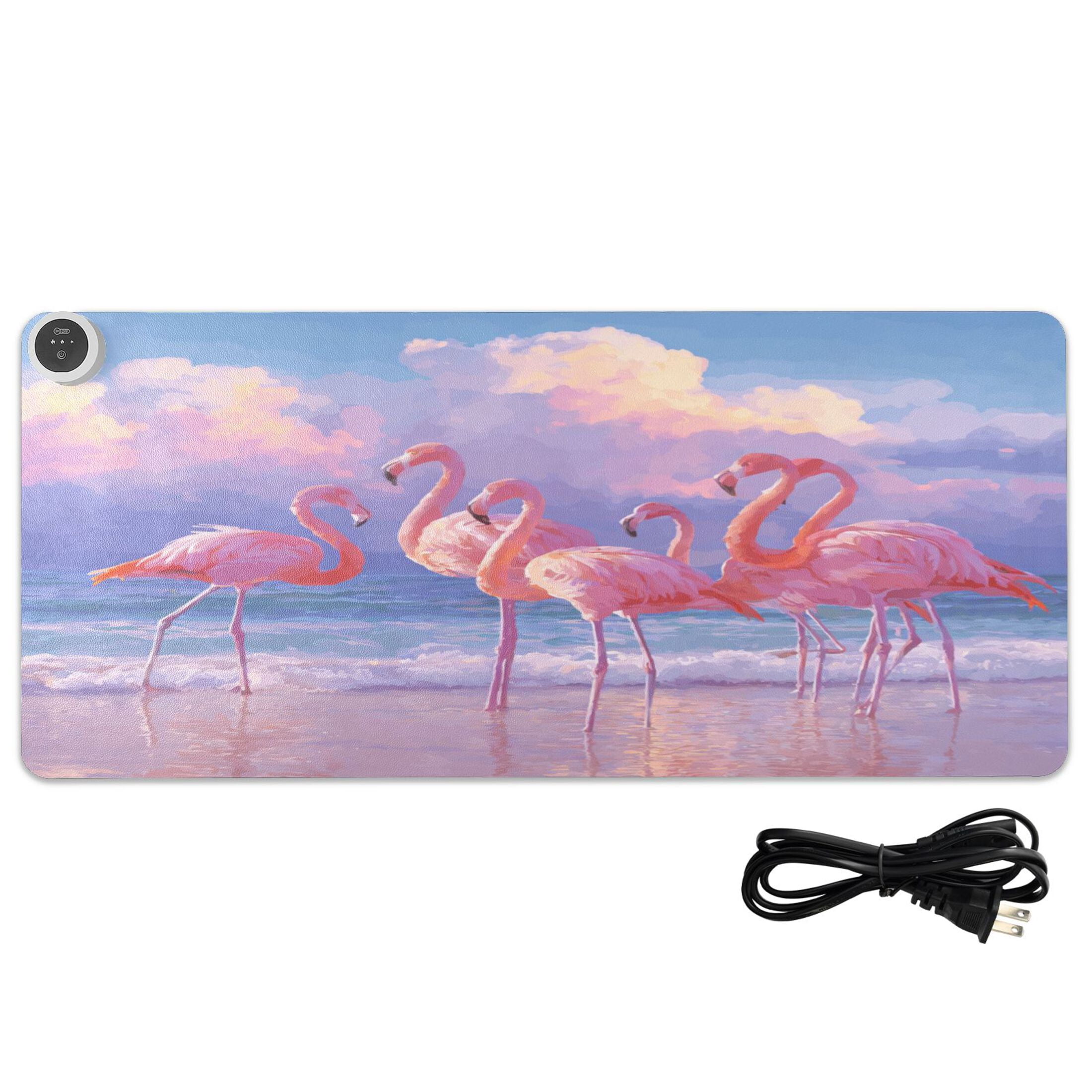 Large Heated Desk Mat Mouse Pad 31.5"x13"PU Leather Graphene Heating Desk Warmer with 3 Temperature Settings 110V US Plug Non-Slip Warm Pad for Home, Office, and Gaming Group Of Pink Flamingos