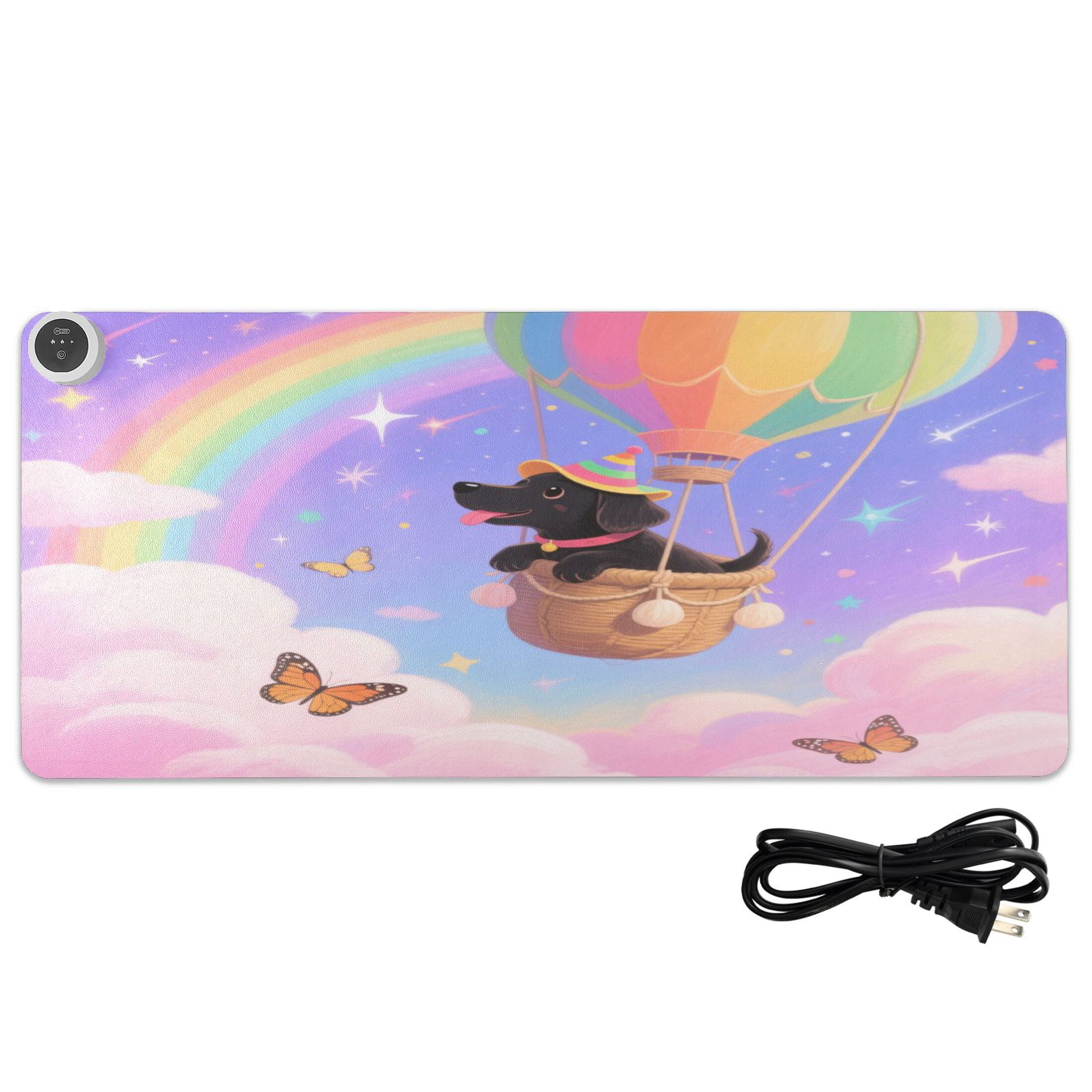 Large Heated Desk Mat Mouse Pad 31.5"x13"PU Leather Graphene Heating Desk Warmer with 3 Temperature Settings 110V US Plug Non-Slip Warm Pad for Home, Office, and Gaming Black Dog in A Balloon