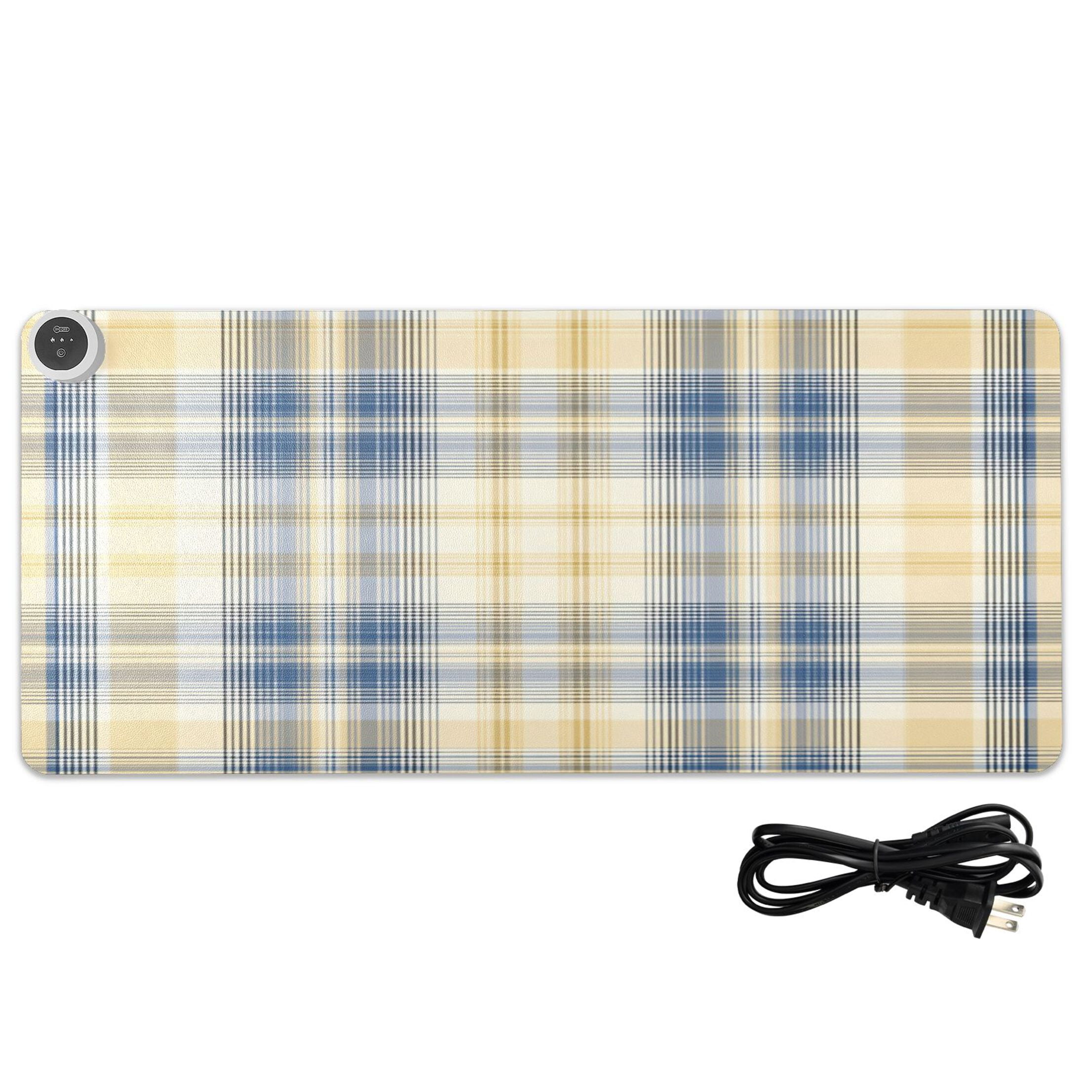 Large Heated Desk Mat Mouse Pad 31.5"x13"PU Leather Graphene Heating Desk Warmer with 3 Temperature Settings 110V US Plug Non-Slip Warm Pad for Home, Office, and Gaming Deep Blue and Yellow Tartan