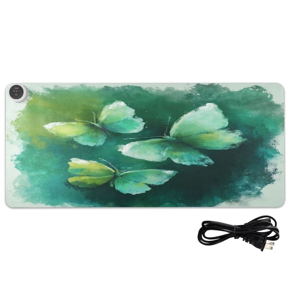 Large Heated Desk Mat Mouse Pad 31.5"x13"PU Leather Graphene Heating Desk Warmer with 3 Temperature Settings 110V US Plug Non-Slip Warm Pad for Home, Office, and Gaming Deep Green Butterfly Whisper