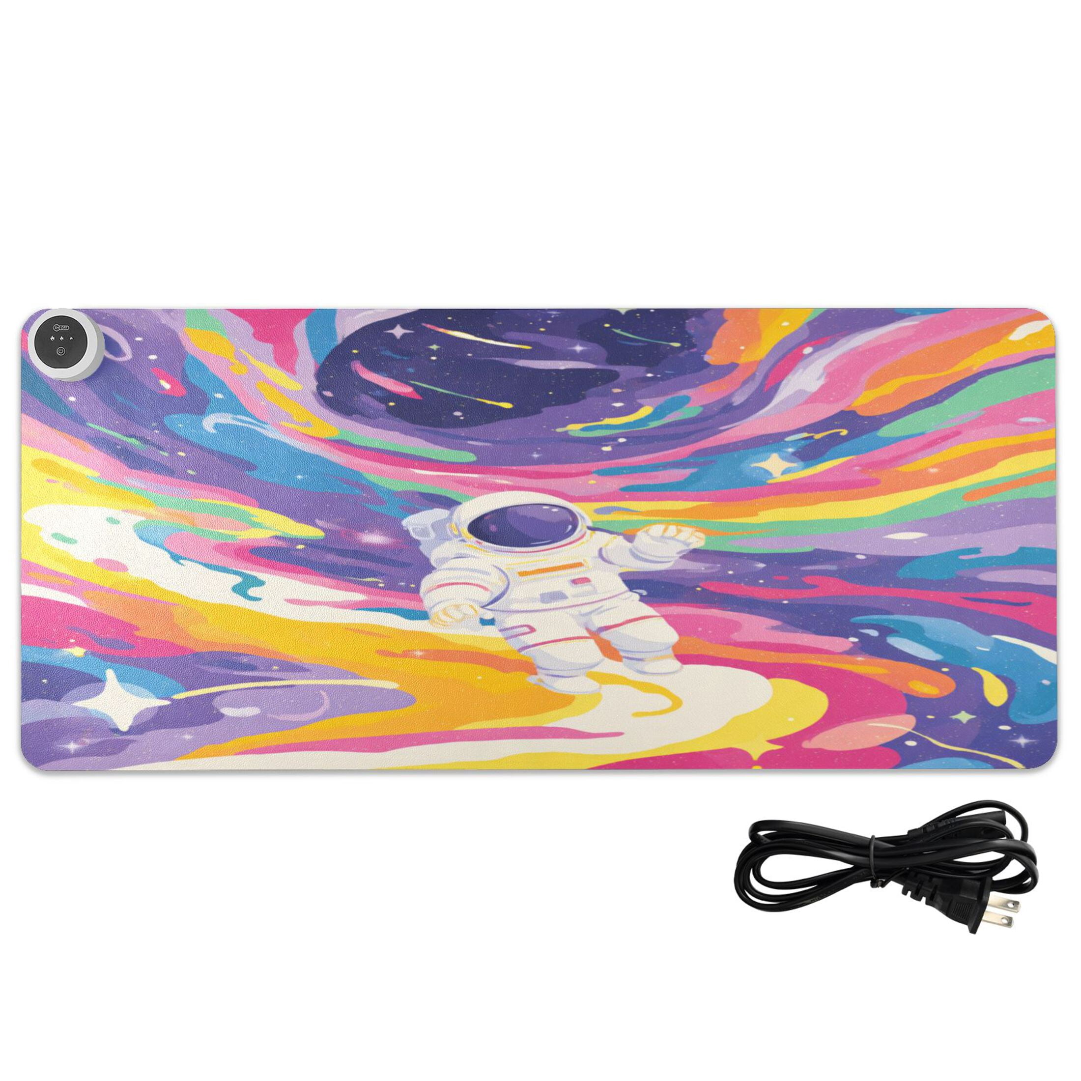 Large Heated Desk Mat Mouse Pad 31.5"x13"PU Leather Graphene Heating Desk Warmer with 3 Temperature Settings 110V US Plug Non-Slip Warm Pad for Home, Office, and Gaming Neon Swirl Astronaut Print