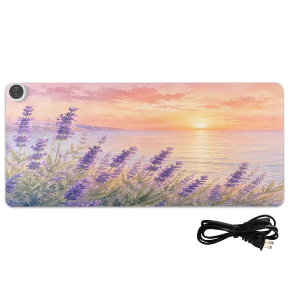 Large Heated Desk Mat Mouse Pad 31.5"x13"PU Leather Graphene Heating Desk Warmer with 3 Temperature Settings 110V US Plug Non-Slip Warm Pad for Home, Office, and Gaming Sunset Sea Lavender Print