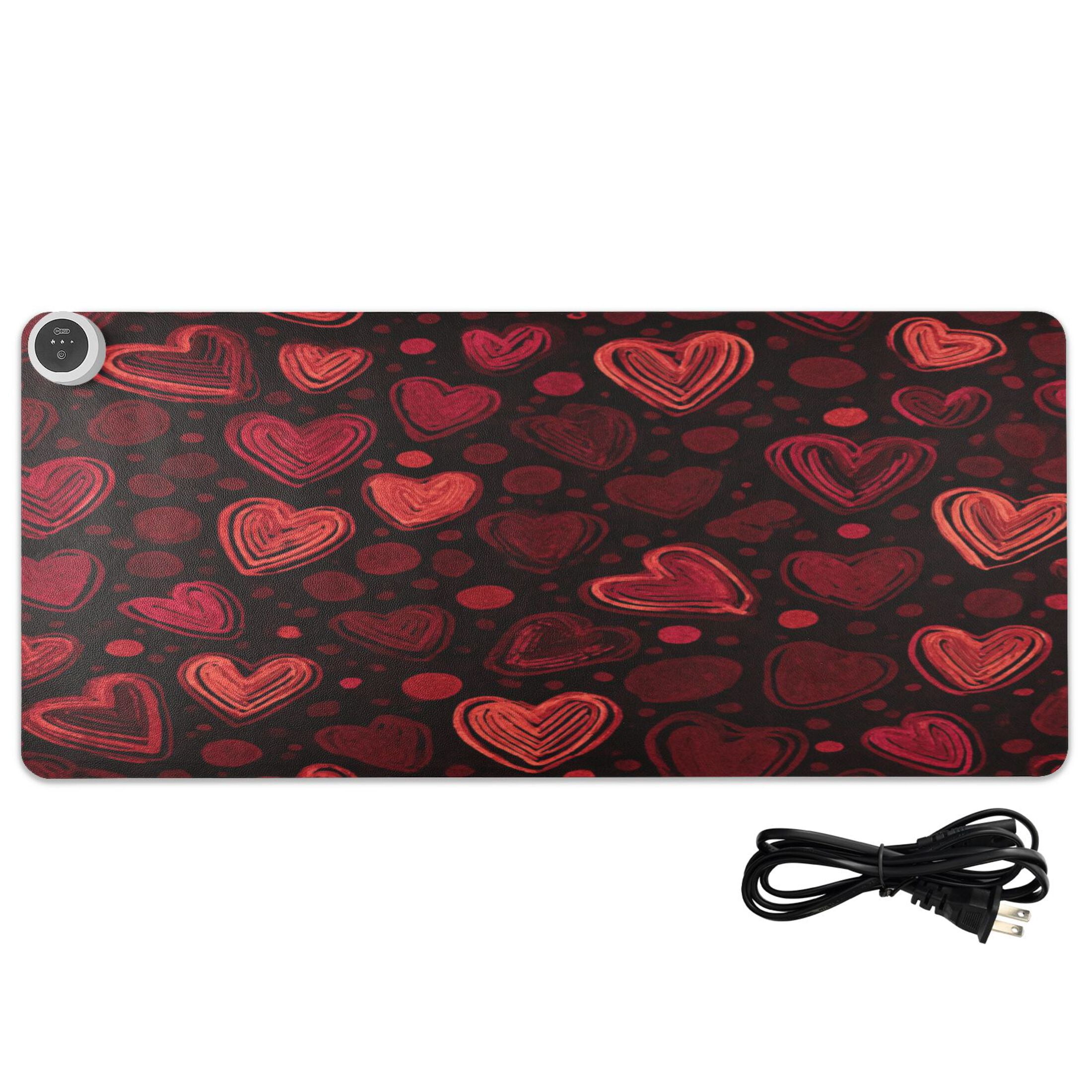 Large Heated Desk Mat Mouse Pad 31.5"x13"PU Leather Graphene Heating Desk Warmer with 3 Temperature Settings 110V US Plug Non-Slip Warm Pad for Home, Office, and Gaming Layered Red Hearts Print