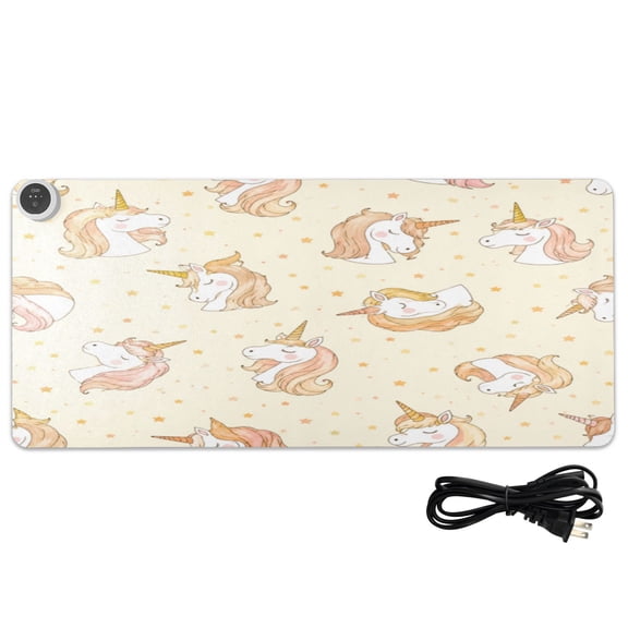 Large Heated Desk Mat Mouse Pad 31.5"x13"PU Leather Graphene Heating Desk Warmer with 3 Temperature Settings 110V US Plug Non-Slip Warm Pad for Home, Office, and Gaming Beige Unicorn Star Pattern