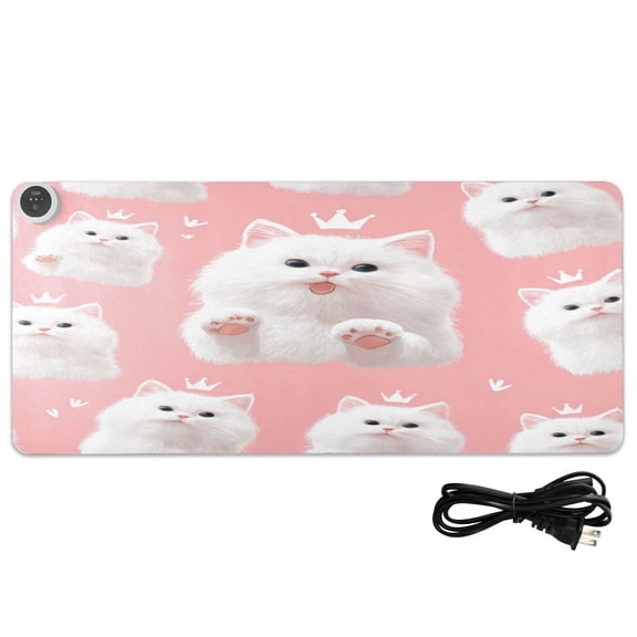 Large Heated Desk Mat Mouse Pad 31.5"x13"PU Leather Graphene Heating Desk Warmer with 3 Temperature Settings 110V US Plug Non-Slip Warm Pad for Home, Office, and Gaming Happy White Cat Face