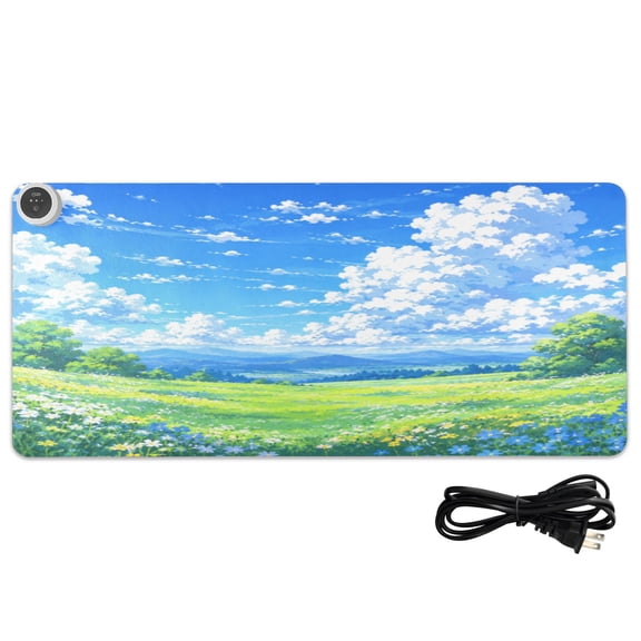 Large Heated Desk Mat Mouse Pad 31.5"x13"PU Leather Graphene Heating Desk Warmer with 3 Temperature Settings 110V US Plug Non-Slip Warm Pad for Home, Office, and Gaming Nature Spring Meadow Landscape