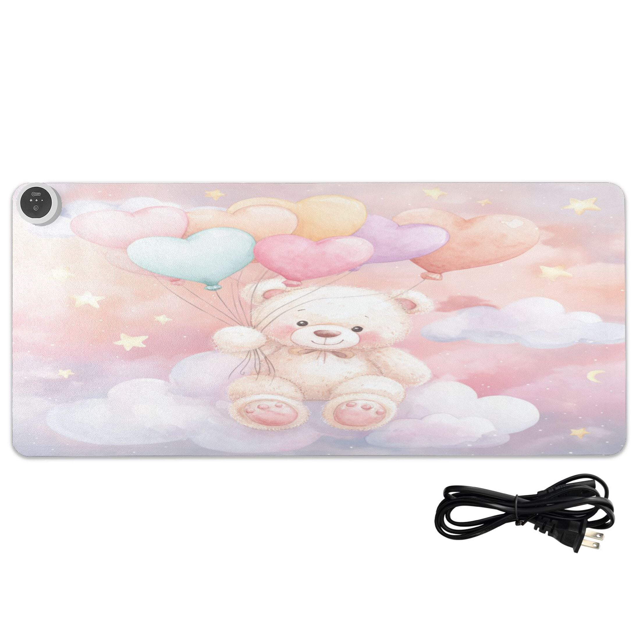 Large Heated Desk Mat Mouse Pad 31.5"x13"PU Leather Graphene Heating Desk Warmer with 3 Temperature Settings 110V US Plug Non-Slip Warm Pad for Home, Office, and Gaming Heart Balloon Teddy Art