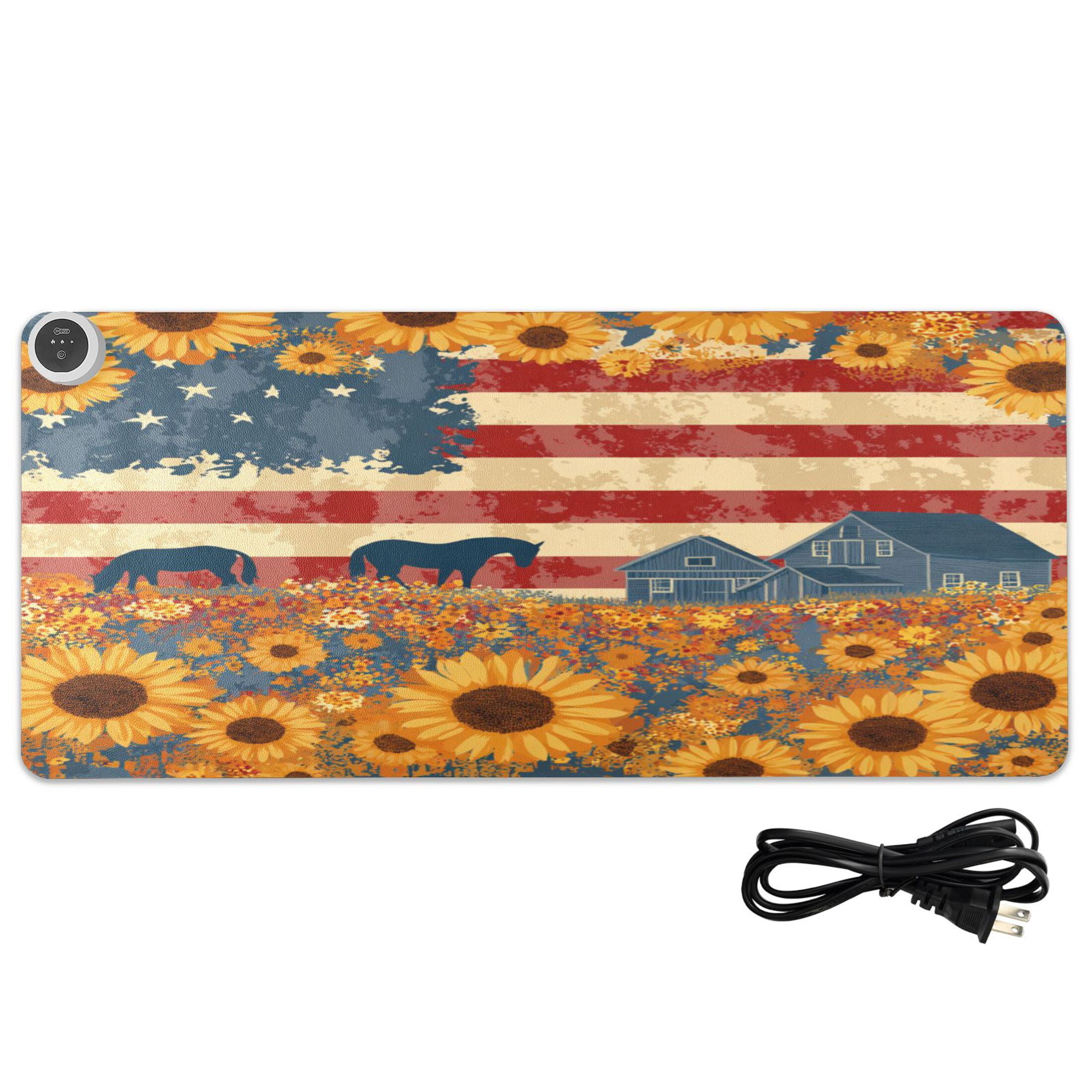 Large Heated Desk Mat Mouse Pad 31.5"x13"PU Leather Graphene Heating Desk Warmer with 3 Temperature Settings 110V US Plug Non-Slip Warm Pad for Home, Office, and Gaming American Folk Art Painting