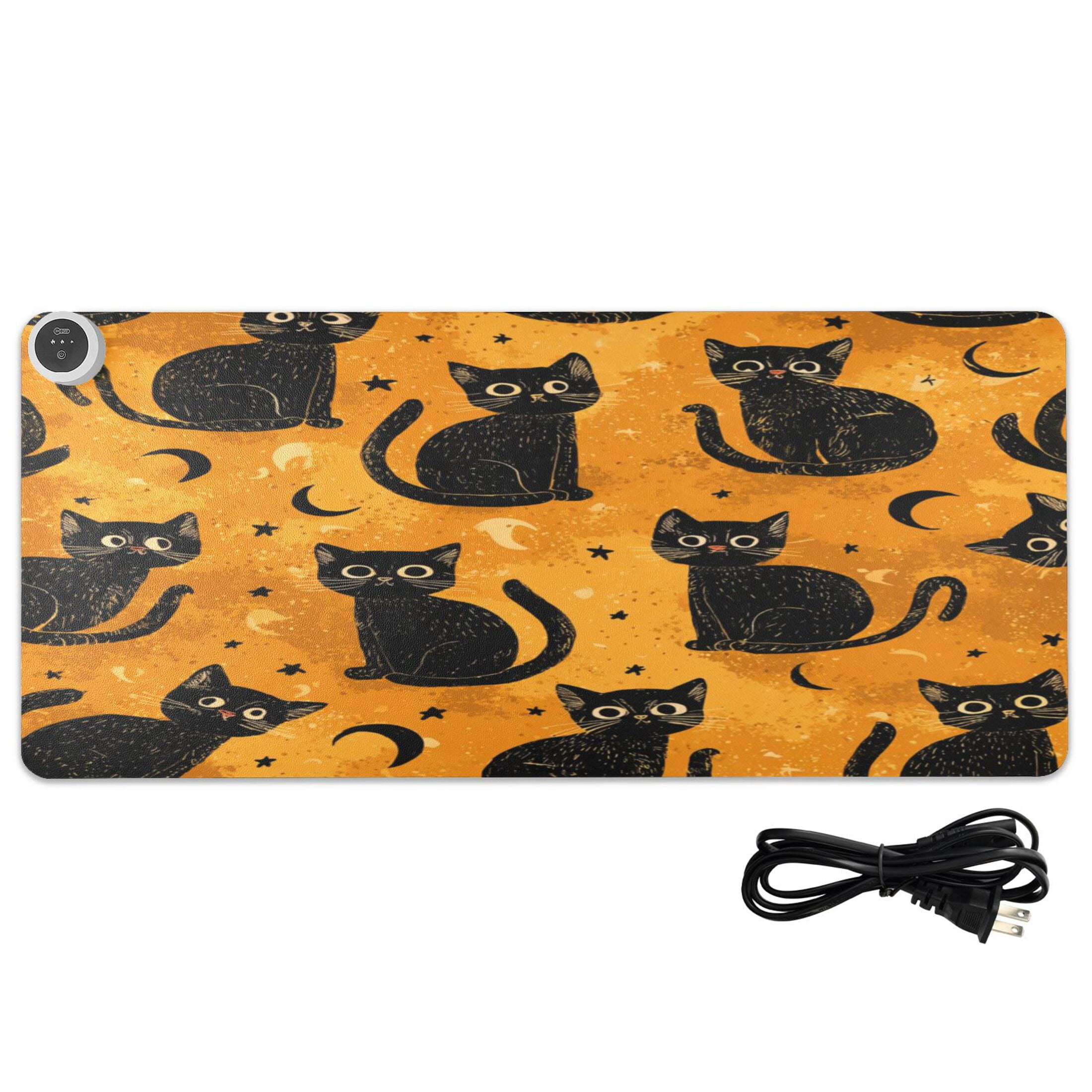 Large Heated Desk Mat Mouse Pad 31.5"x13"PU Leather Graphene Heating Desk Warmer with 3 Temperature Settings 110V US Plug Non-Slip Warm Pad for Home, Office, and Gaming Repeating Mysterious Black Cat