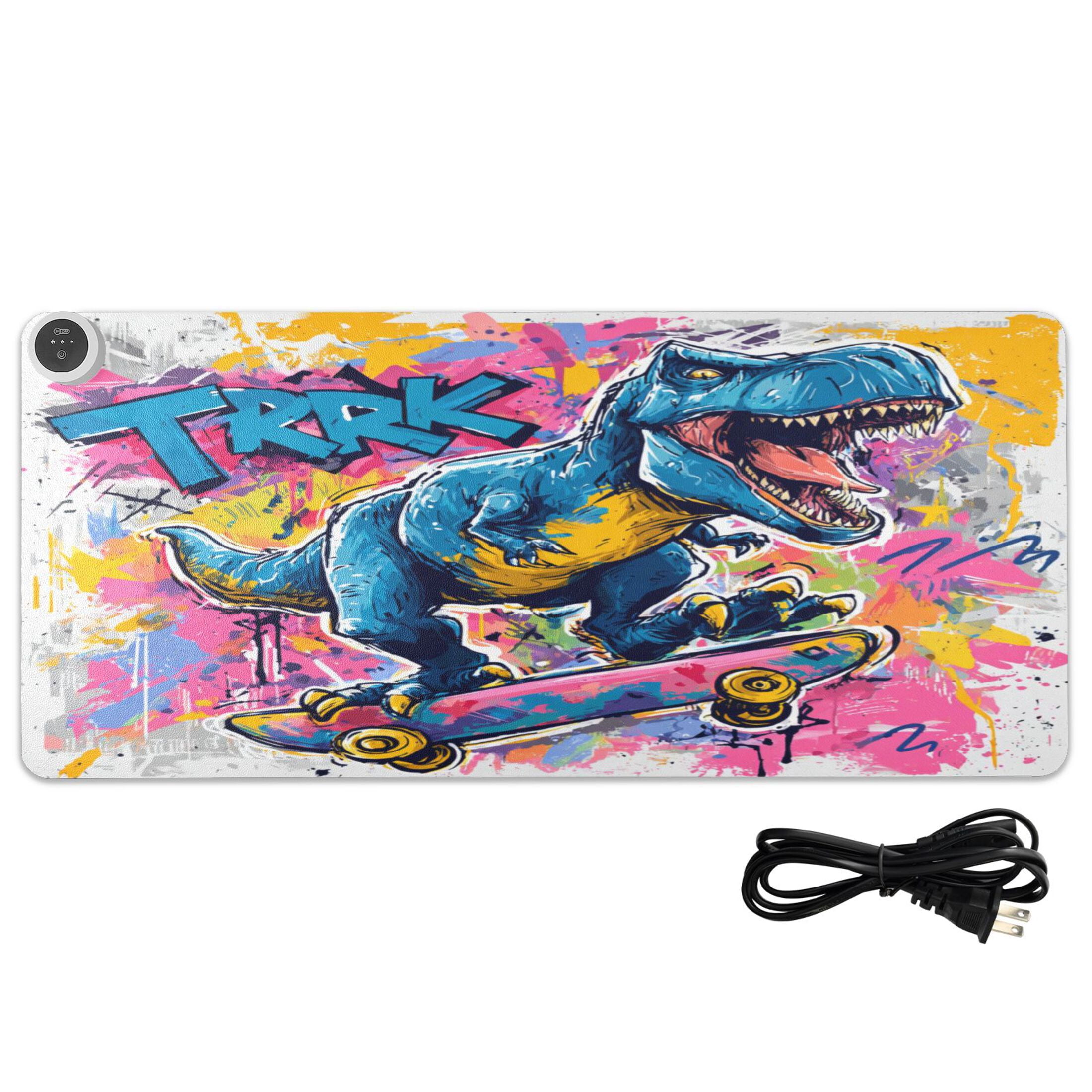 Large Heated Desk Mat Mouse Pad 31.5"x13"PU Leather Graphene Heating Desk Warmer with 3 Temperature Settings 110V US Plug Non-Slip Warm Pad for Home, Office, and Gaming Street Art Dinosaur Design