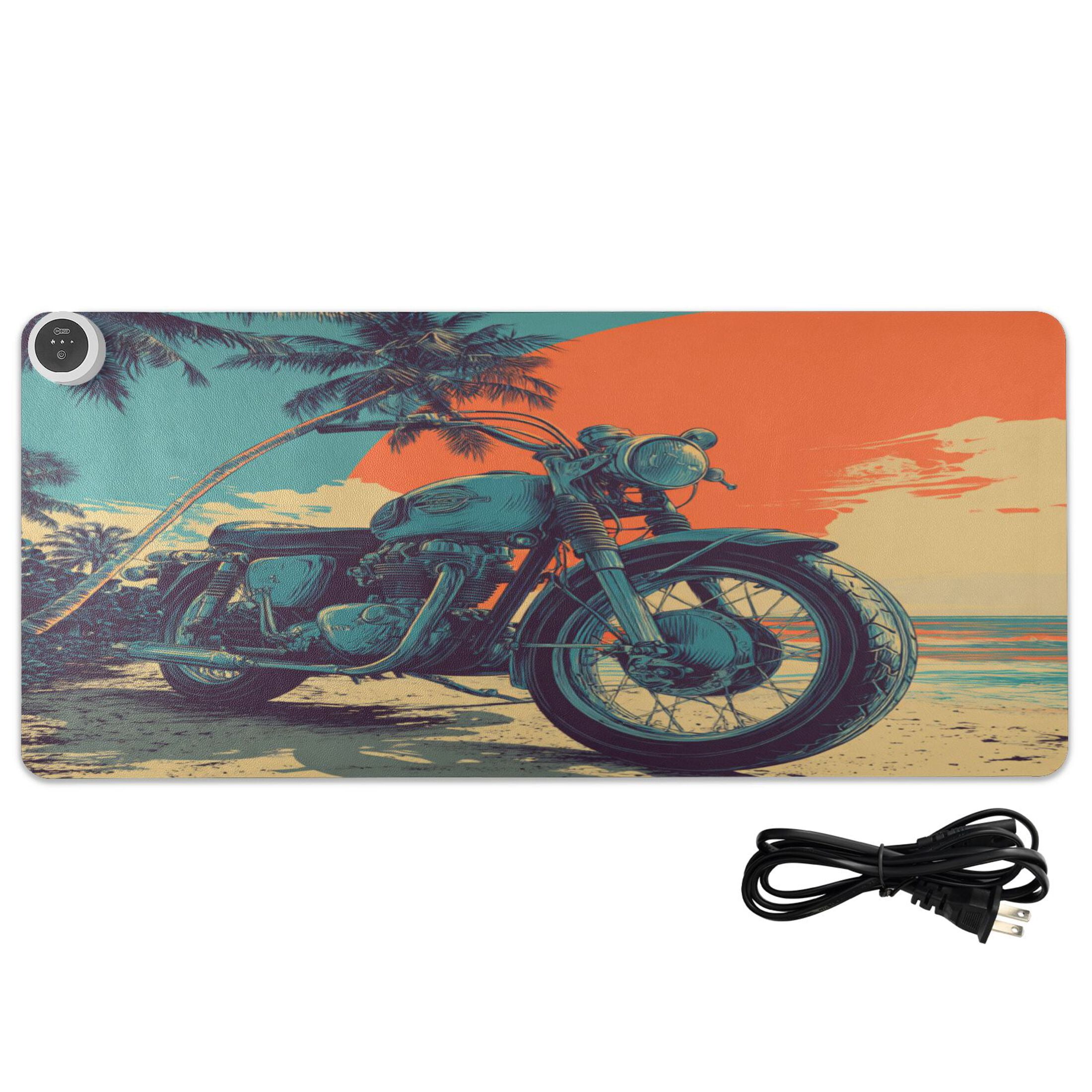 Large Heated Desk Mat Mouse Pad 31.5"x13"PU Leather Graphene Heating Desk Warmer with 3 Temperature Settings 110V US Plug Non-Slip Warm Pad for Home, Office, and Gaming Retro Bike Tropical Sunset