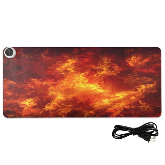 Large Heated Desk Mat Mouse Pad 31.5"x13"PU Leather Graphene Heating Desk Warmer with 3 Temperature Settings 110V US Plug Non-Slip Warm Pad for Home, Office, and Gaming Dynamic Fire Flame Pattern