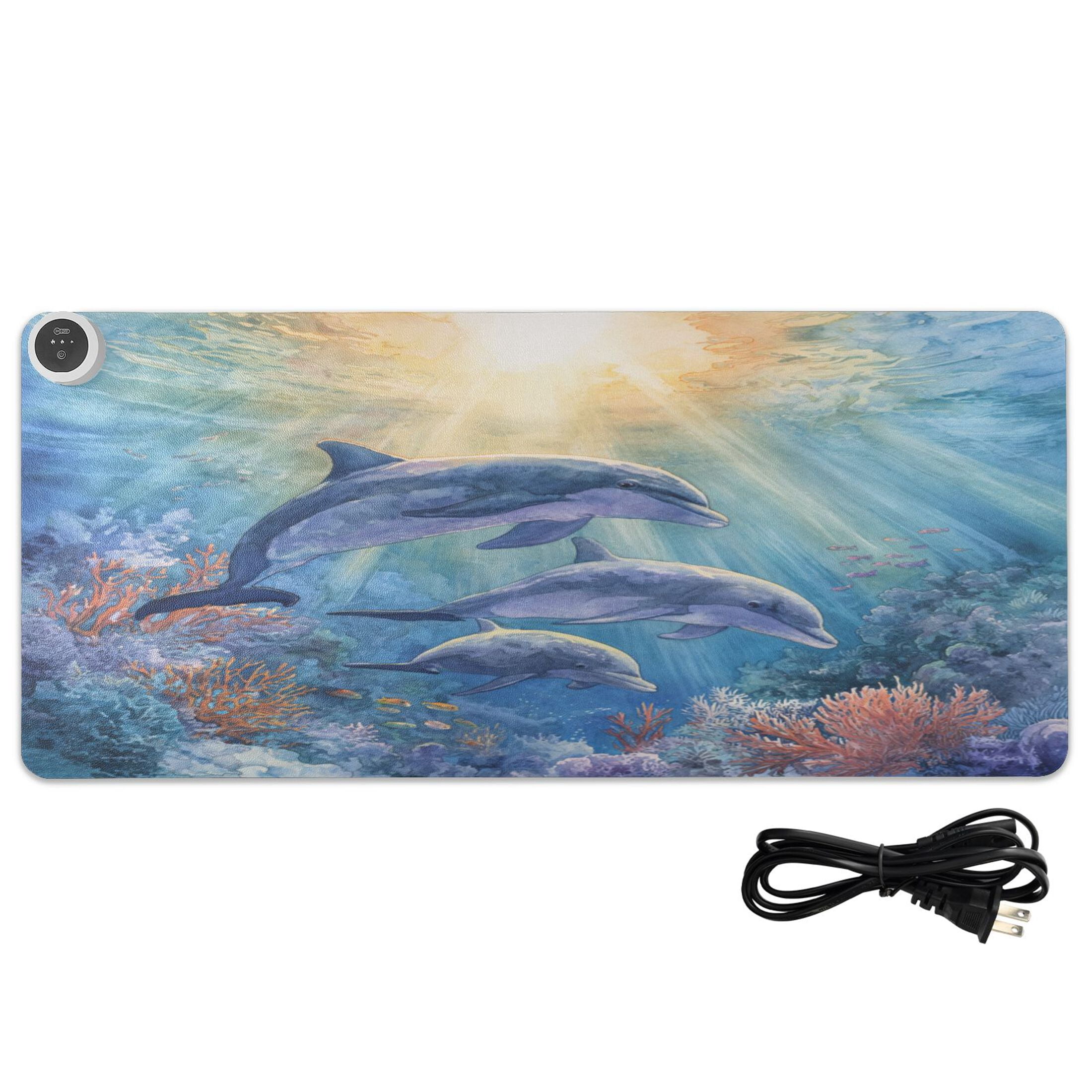 Large Heated Desk Mat Mouse Pad 31.5"x13"PU Leather Graphene Heating Desk Warmer with 3 Temperature Settings 110V US Plug Non-Slip Warm Pad for Home, Office, and Gaming Sunlit Dolphin Pod Print