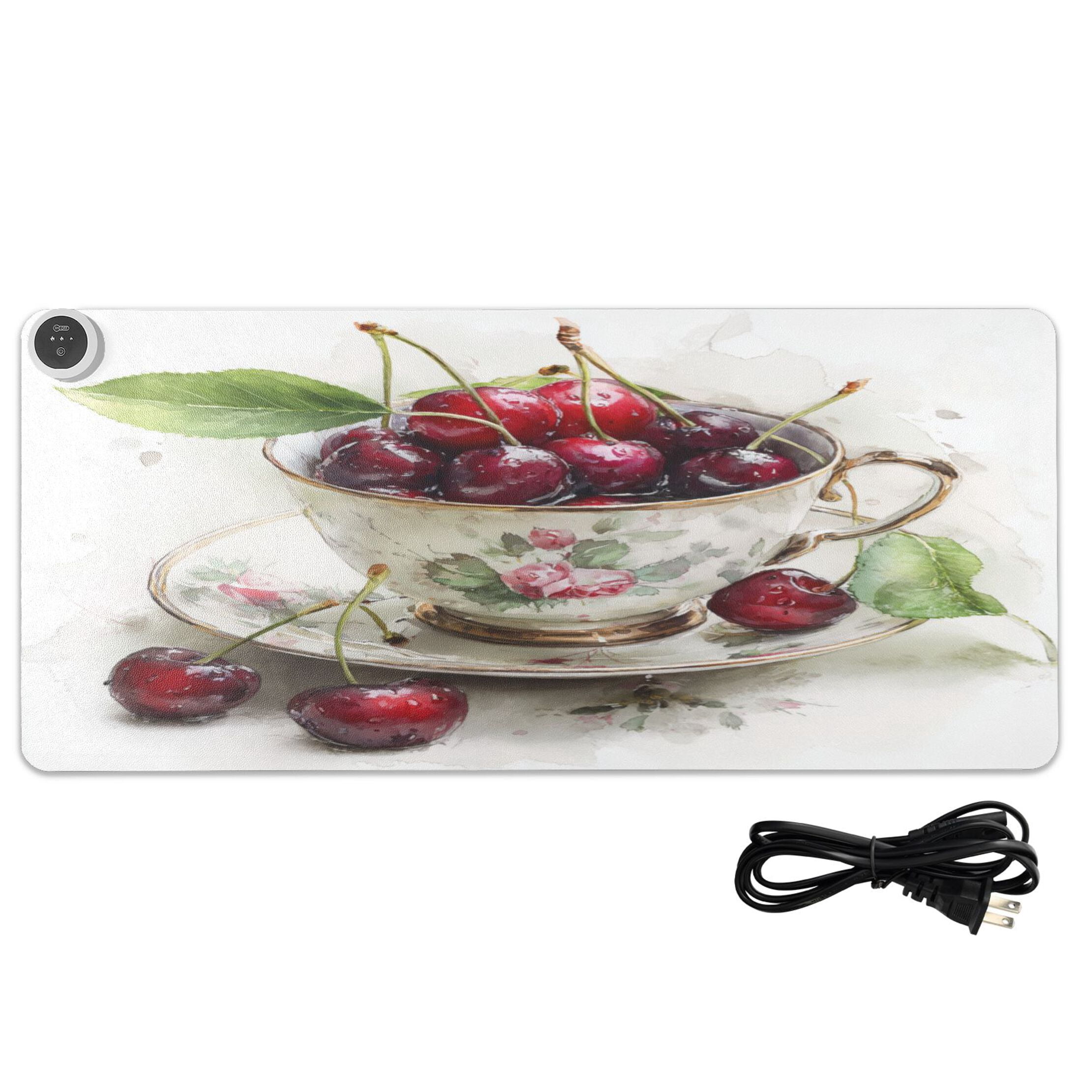 Large Heated Desk Mat Mouse Pad 31.5"x13"PU Leather Graphene Heating Desk Warmer with 3 Temperature Settings 110V US Plug Non-Slip Warm Pad for Home, Office, and Gaming Teacup Filled with Cherries