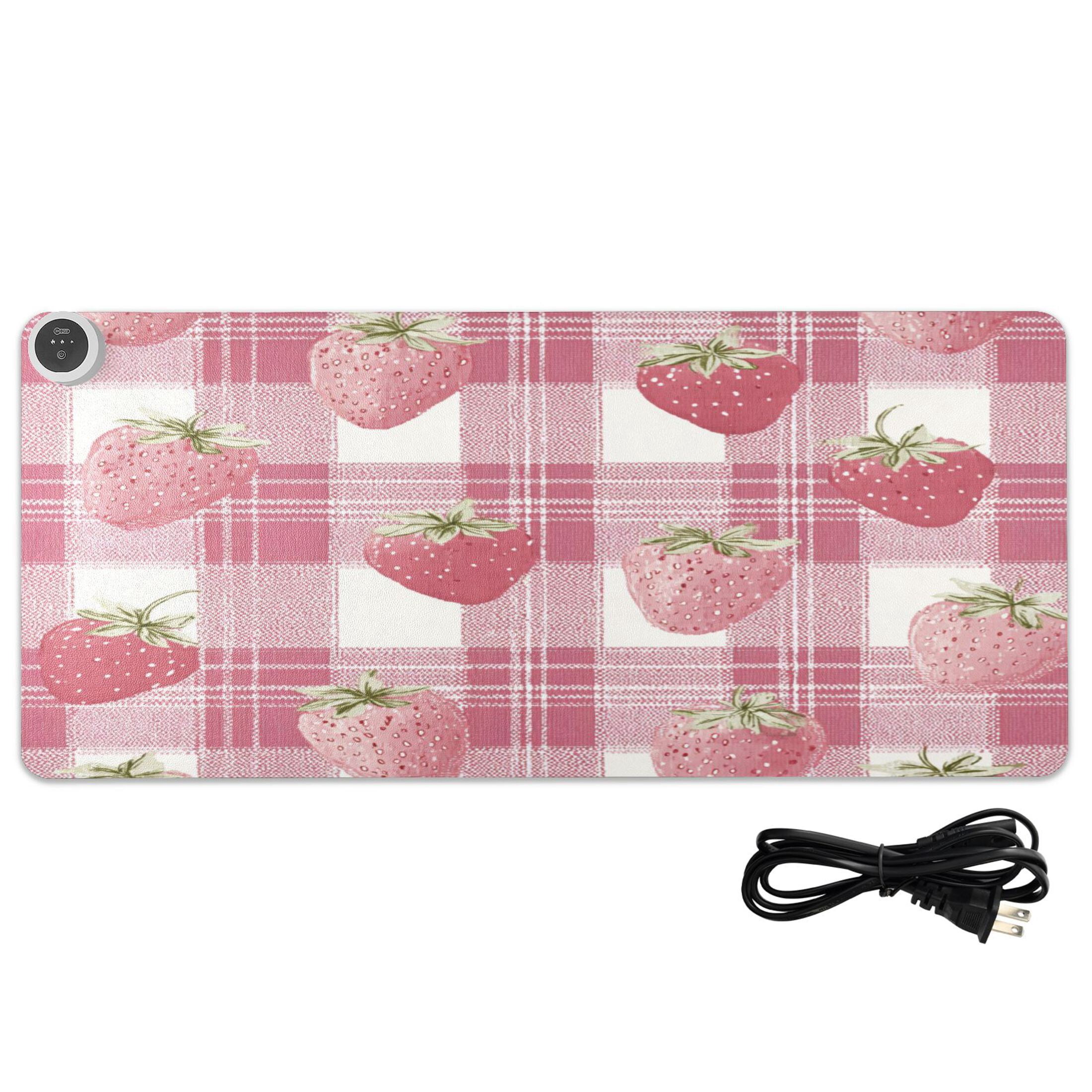 Large Heated Desk Mat Mouse Pad 31.5"x13"PU Leather Graphene Heating Desk Warmer with 3 Temperature Settings 110V US Plug Non-Slip Warm Pad for Home, Office, and Gaming Pink Strawberry Plaid Print
