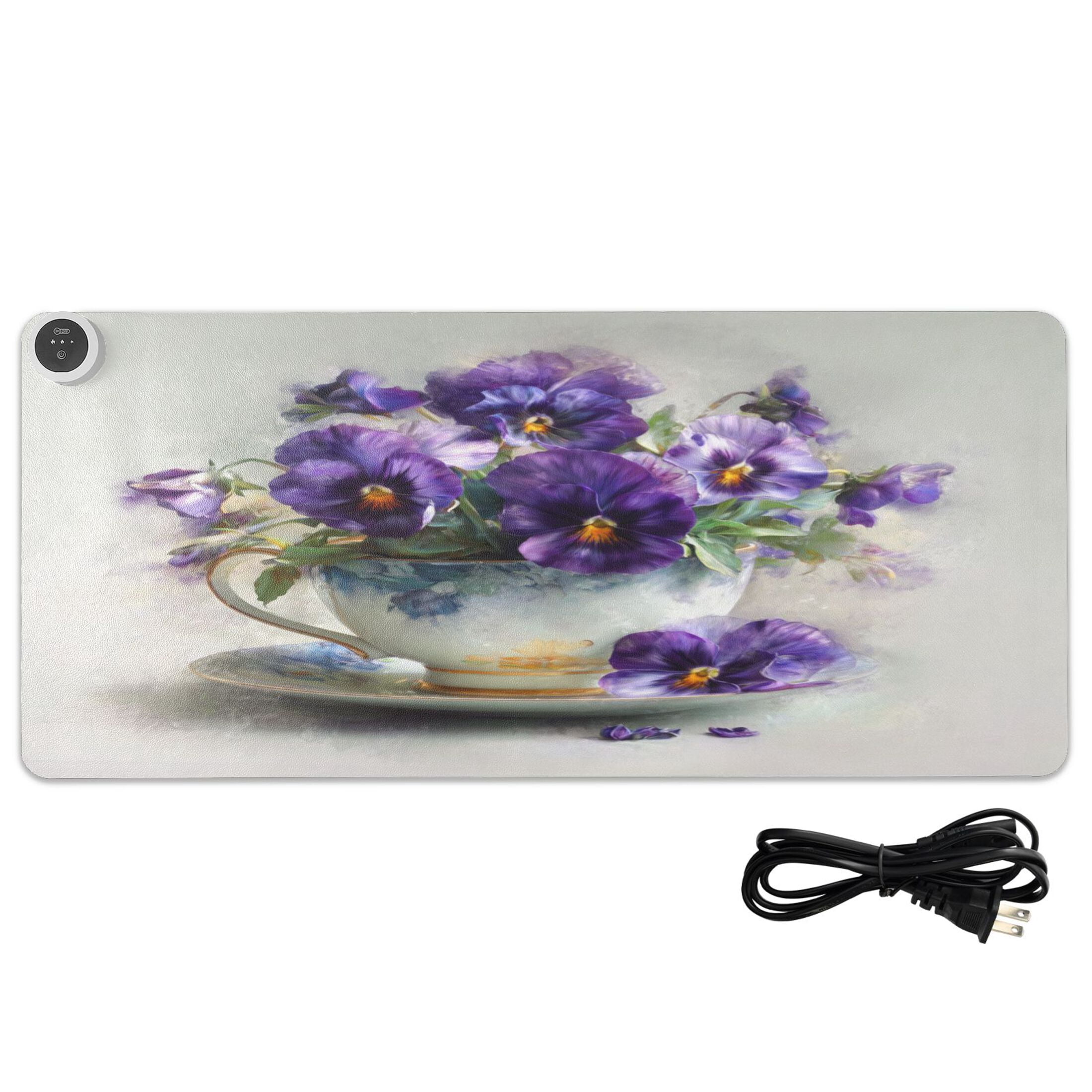 Large Heated Desk Mat Mouse Pad 31.5"x13"PU Leather Graphene Heating Desk Warmer with 3 Temperature Settings 110V US Plug Non-Slip Warm Pad for Home, Office, and Gaming Oil Painting Of Pansies
