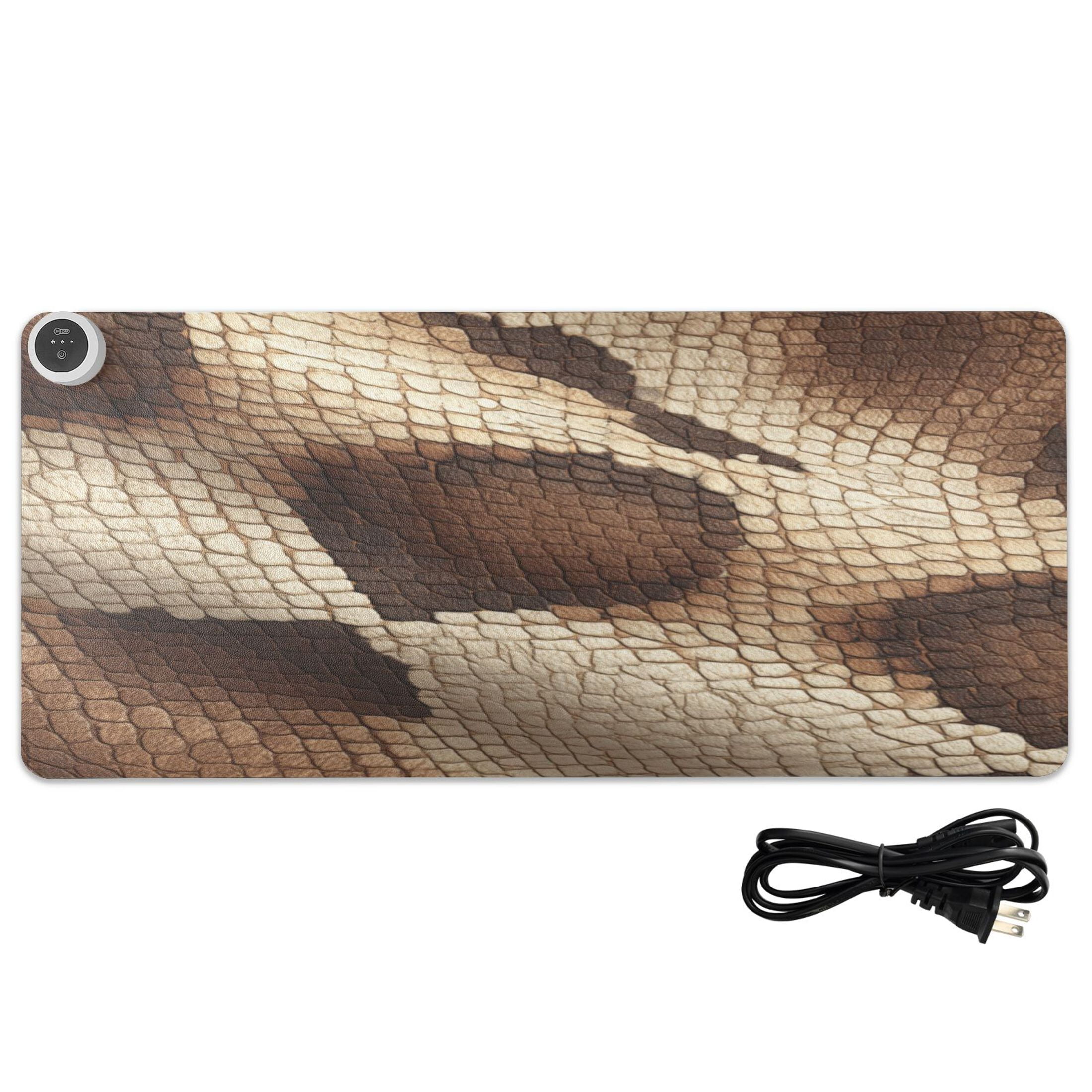 Large Heated Desk Mat Mouse Pad 31.5"x13"PU Leather Graphene Heating Desk Warmer with 3 Temperature Settings 110V US Plug Non-Slip Warm Pad for Home, Office, and Gaming Brown Snake Skin Pattern