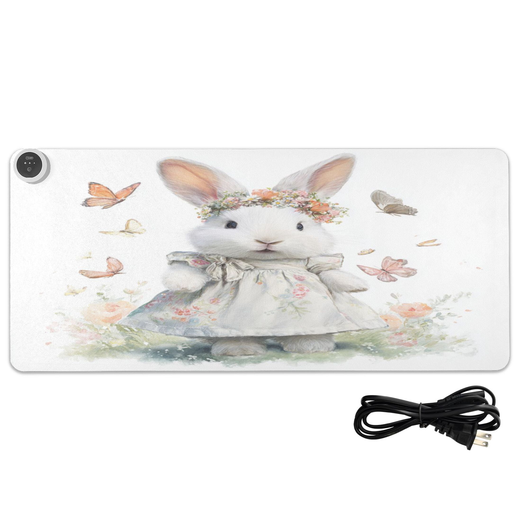 Large Heated Desk Mat Mouse Pad 31.5"x13"PU Leather Graphene Heating Desk Warmer with 3 Temperature Settings 110V US Plug Non-Slip Warm Pad for Home, Office, and Gaming Cute White Little Rabbit