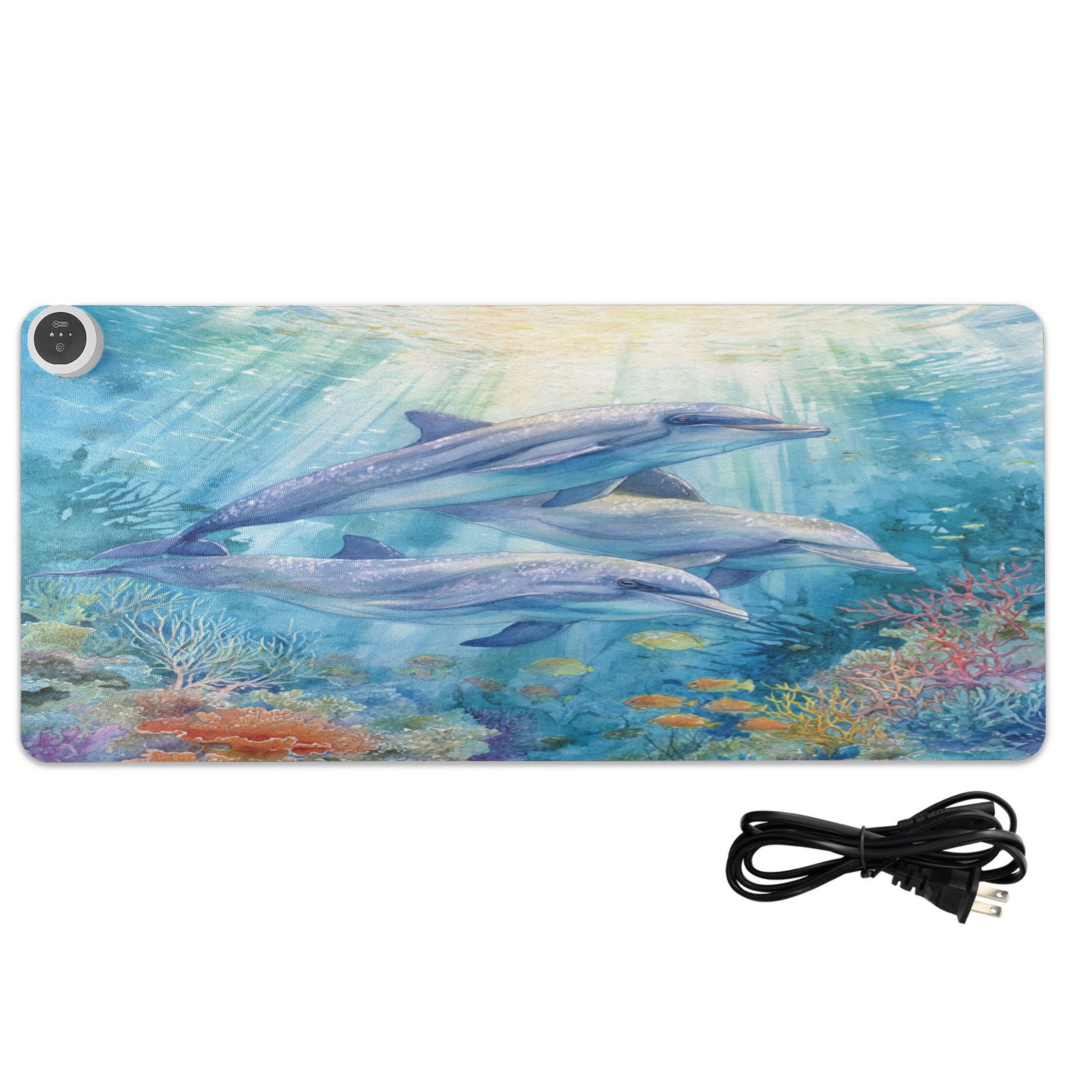 Large Heated Desk Mat Mouse Pad 31.5"x13"PU Leather Graphene Heating Desk Warmer with 3 Temperature Settings 110V US Plug Non-Slip Warm Pad for Home, Office, and Gaming Oceanic Dolphin Watercolor Art