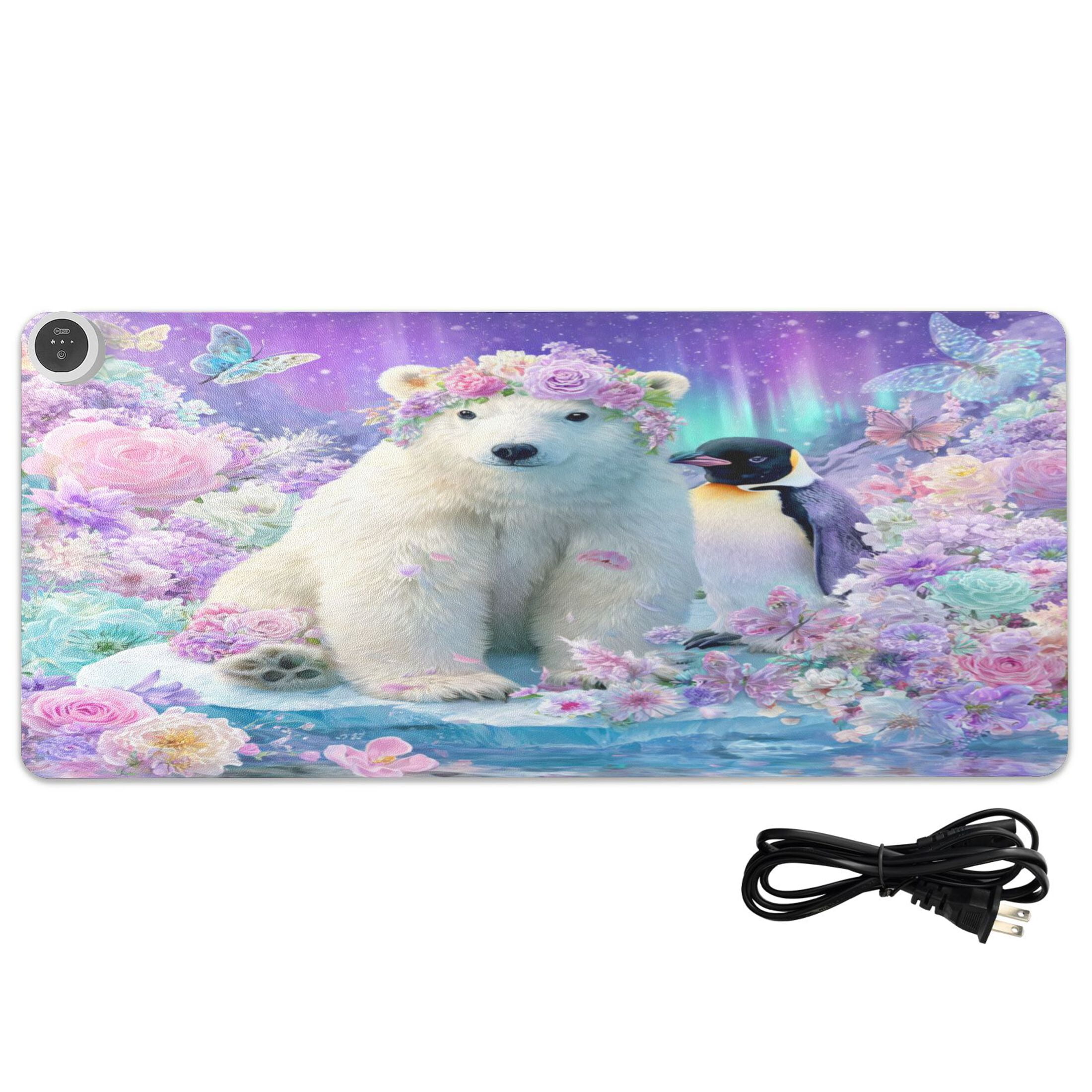Large Heated Desk Mat Mouse Pad 31.5"x13"PU Leather Graphene Heating Desk Warmer with 3 Temperature Settings 110V US Plug Non-Slip Warm Pad for Home, Office, and Gaming Polar Bear and Penguin Pattern