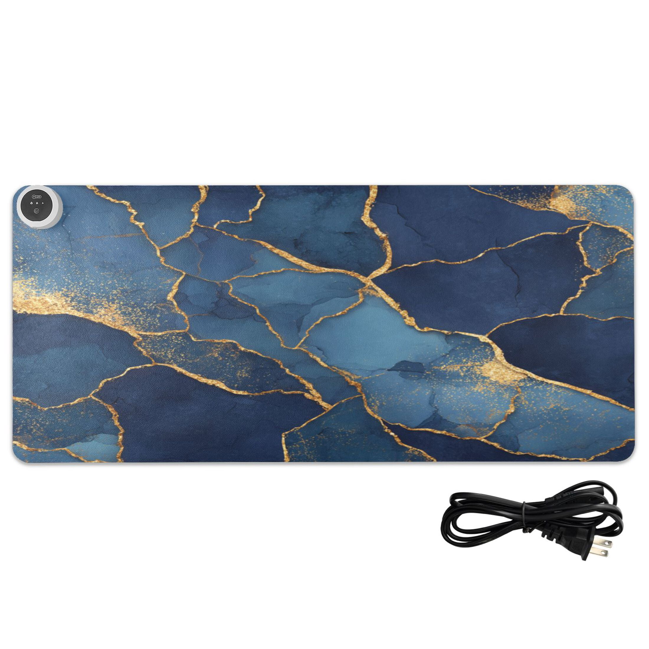 Large Heated Desk Mat Mouse Pad 31.5"x13"PU Leather Graphene Heating Desk Warmer with 3 Temperature Settings 110V US Plug Non-Slip Warm Pad for Home, Office, and Gaming Dark Blue Marble Veins