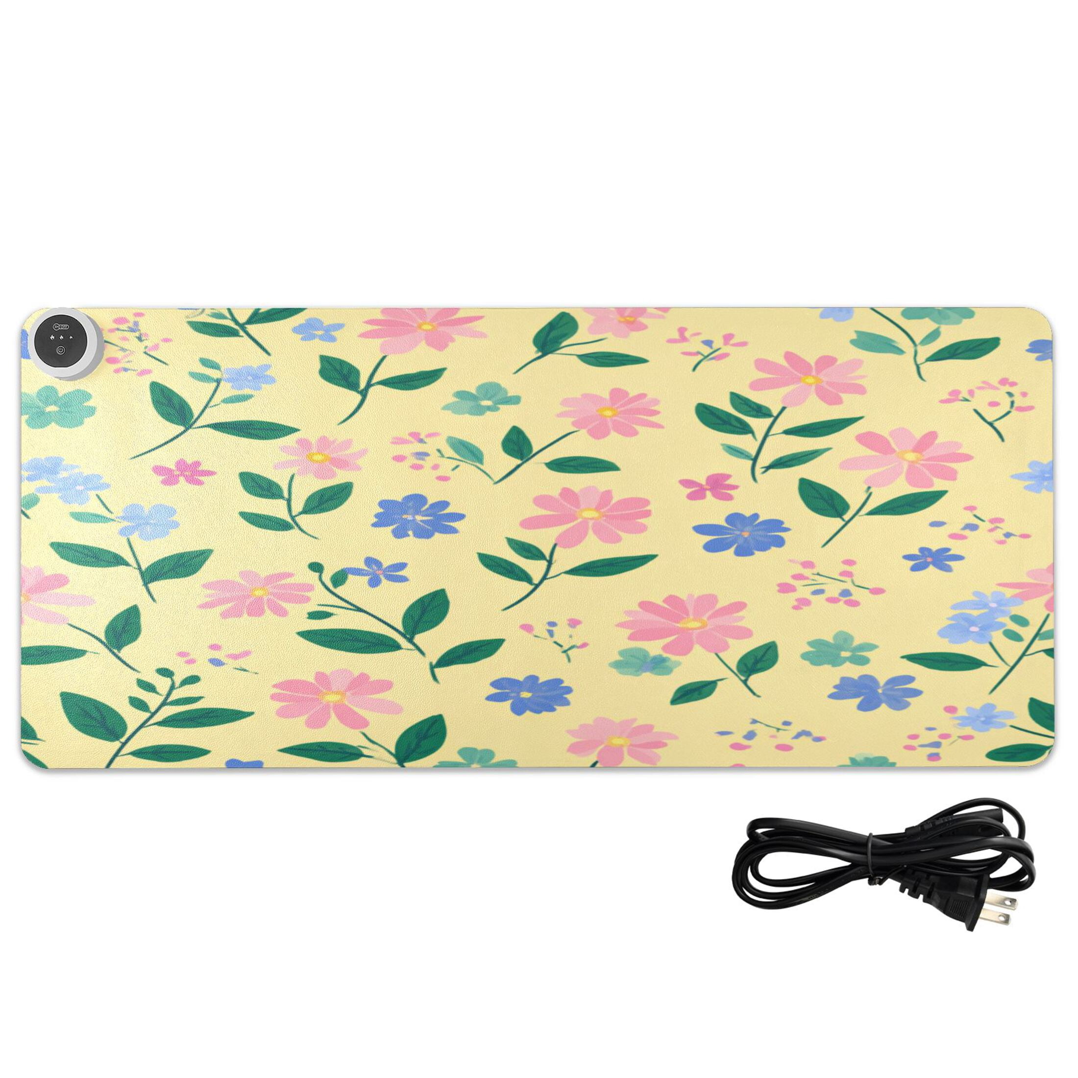 Large Heated Desk Mat Mouse Pad 31.5"x13"PU Leather Graphene Heating Desk Warmer with 3 Temperature Settings 110V US Plug Non-Slip Warm Pad for Home, Office, and Gaming Spring Meadow Floral Print