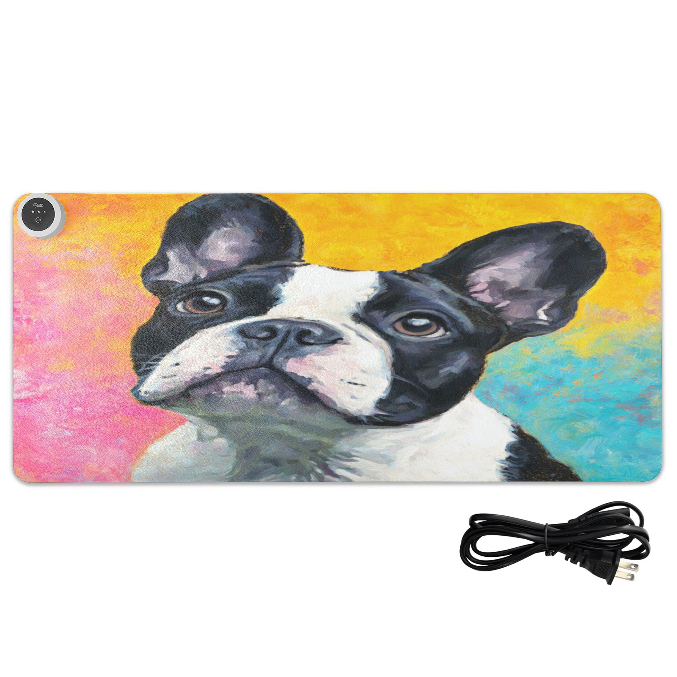 Large Heated Desk Mat Mouse Pad 31.5"x13"PU Leather Graphene Heating Desk Warmer with 3 Temperature Settings 110V US Plug Non-Slip Warm Pad for Home, Office, and Gaming Rainbow French Bulldog Canvas