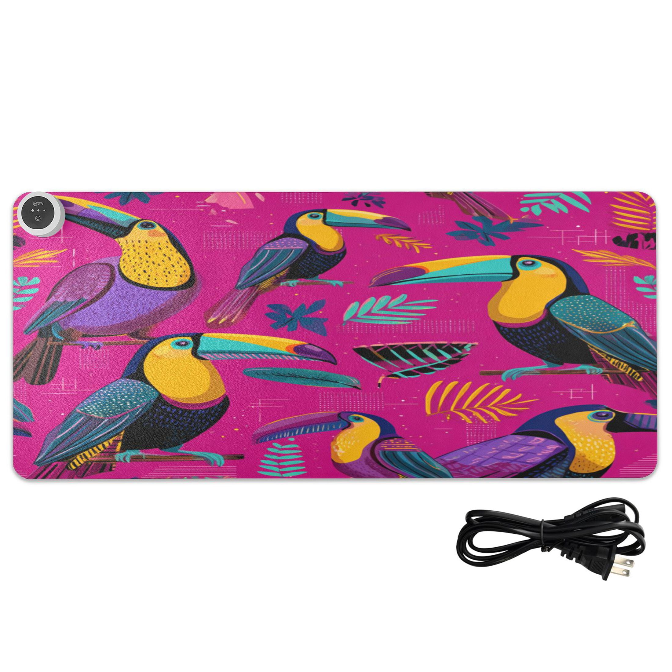 Large Heated Desk Mat Mouse Pad 31.5"x13"PU Leather Graphene Heating Desk Warmer with 3 Temperature Settings 110V US Plug Non-Slip Warm Pad for Home, Office, and Gaming Toucan in The Pink Jungle