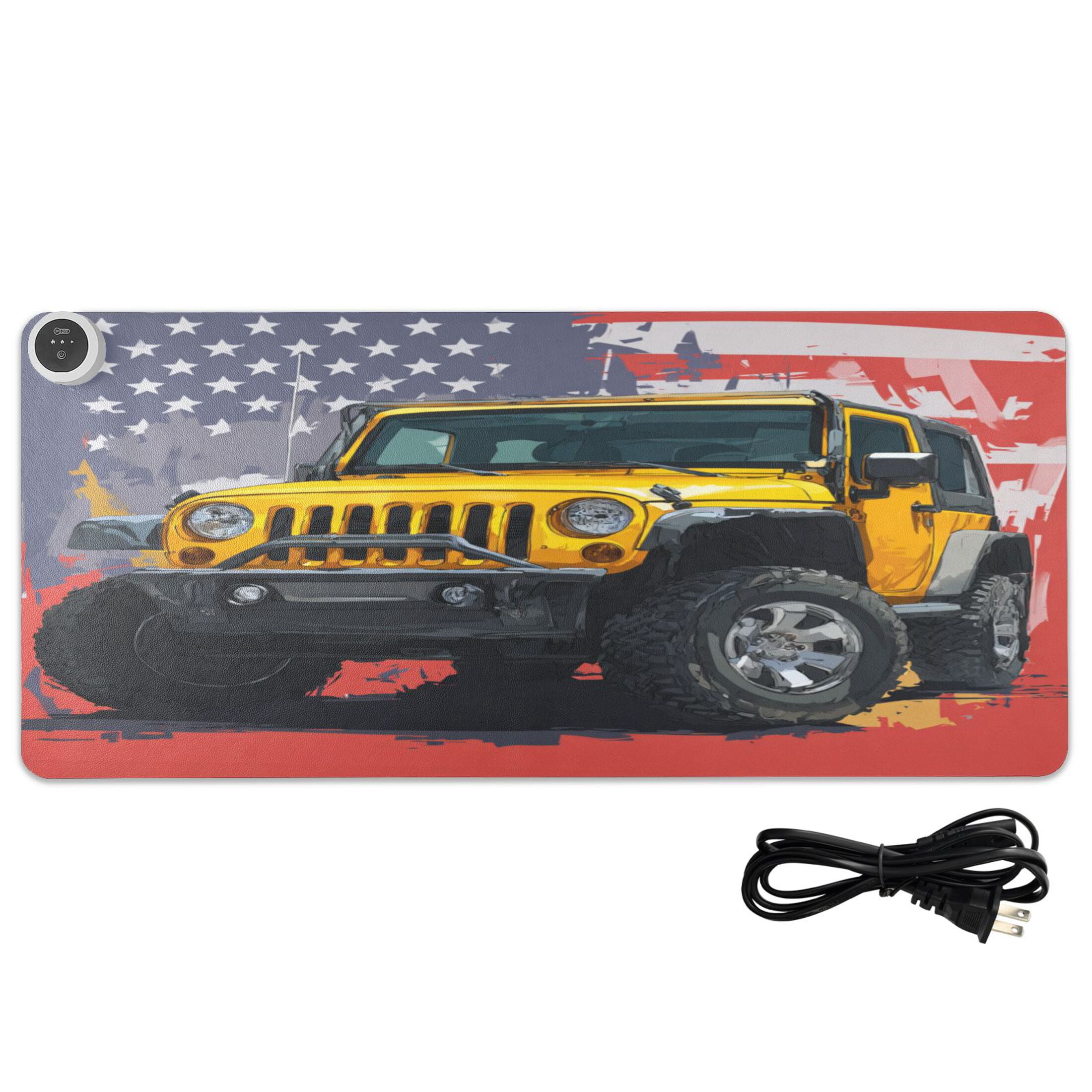 Large Heated Desk Mat Mouse Pad 31.5"x13"PU Leather Graphene Heating Desk Warmer with 3 Temperature Settings 110V US Plug Non-Slip Warm Pad for Home, Office, and Gaming Yellow Jeep Car Pattern