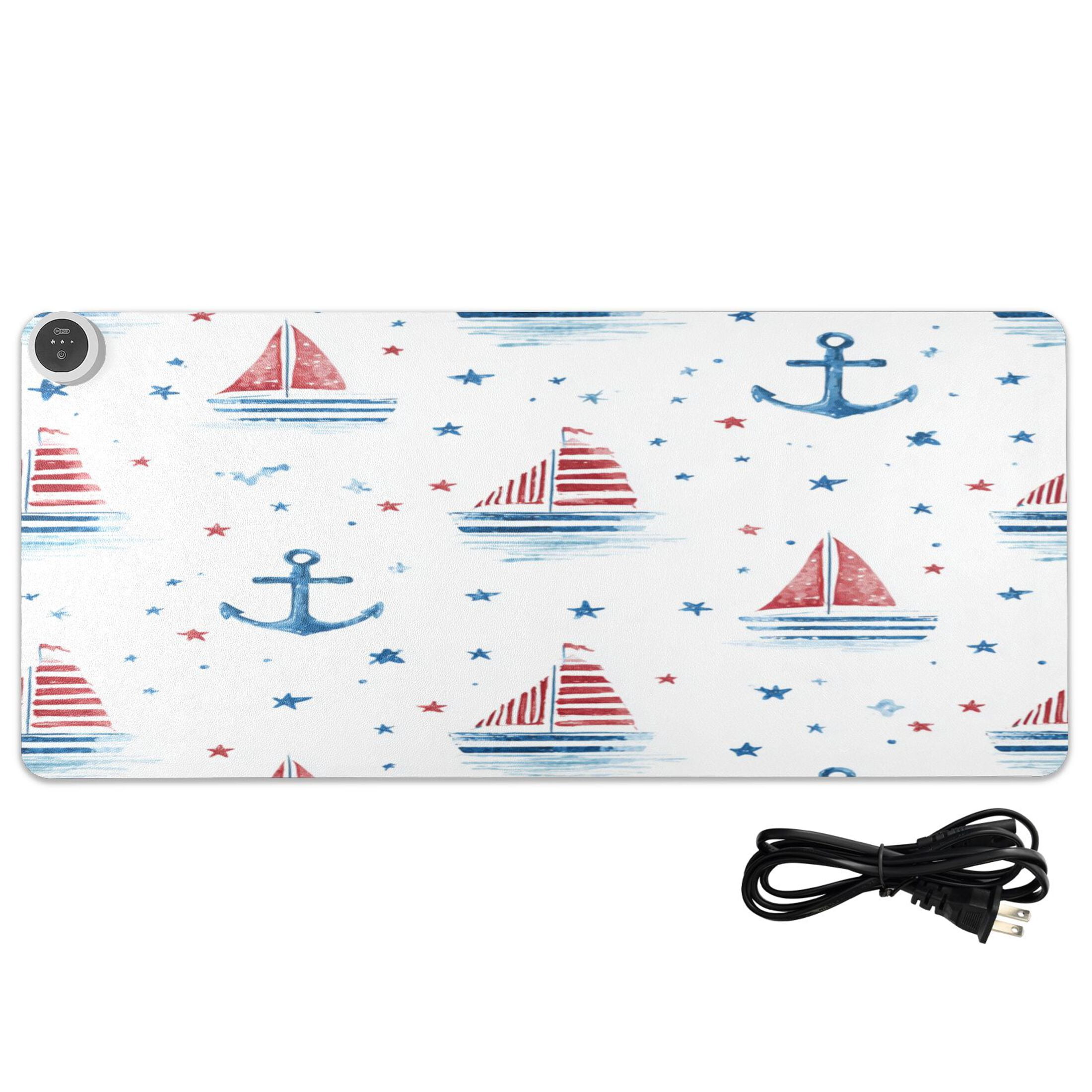 Large Heated Desk Mat Mouse Pad 31.5"x13"PU Leather Graphene Heating Desk Warmer with 3 Temperature Settings 110V US Plug Non-Slip Warm Pad for Home, Office, and Gaming Starry Coastal Sailboat Repeat