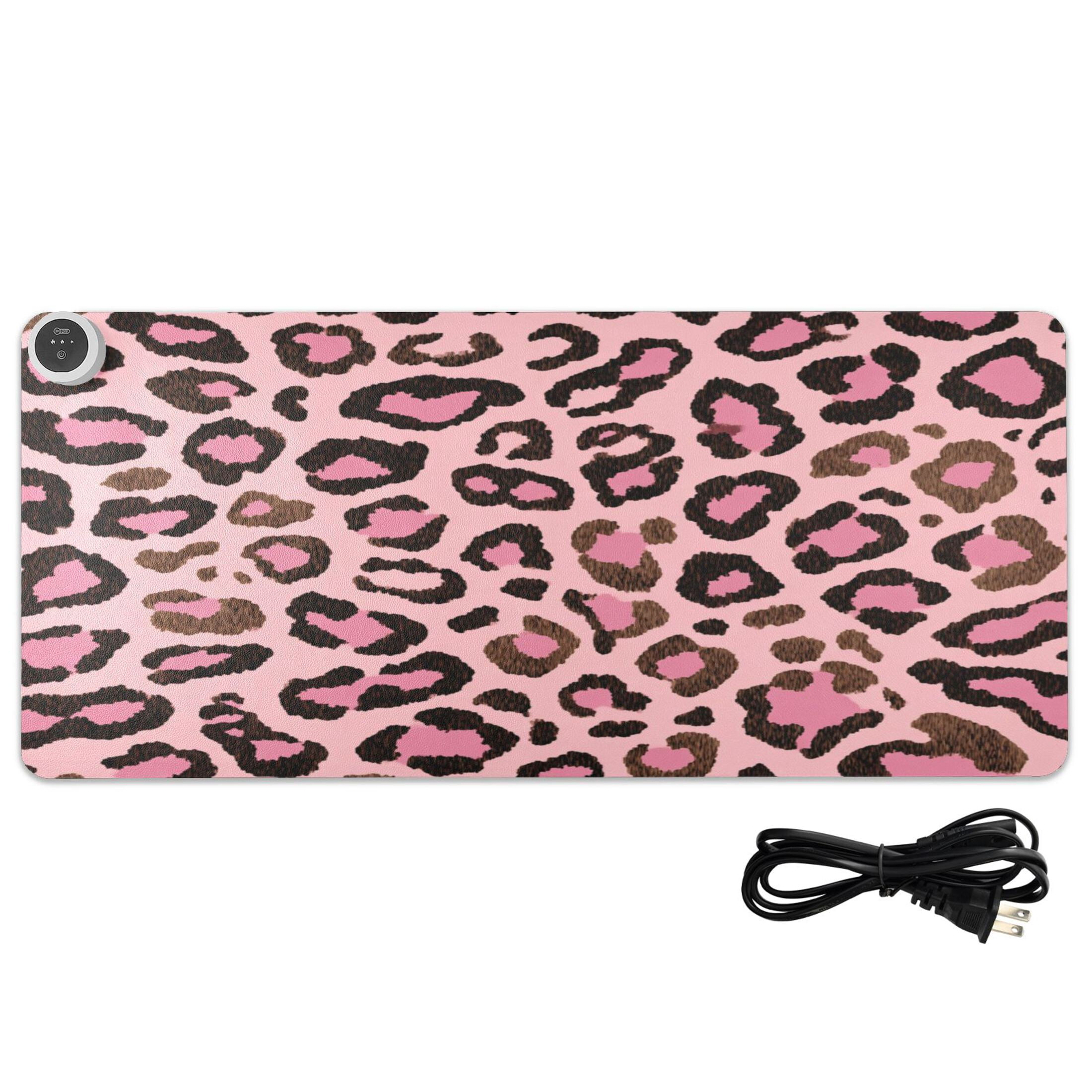 Large Heated Desk Mat Mouse Pad 31.5"x13"PU Leather Graphene Heating Desk Warmer with 3 Temperature Settings 110V US Plug Non-Slip Warm Pad for Home, Office, and Gaming Brushstroke Pink Cheetah Print