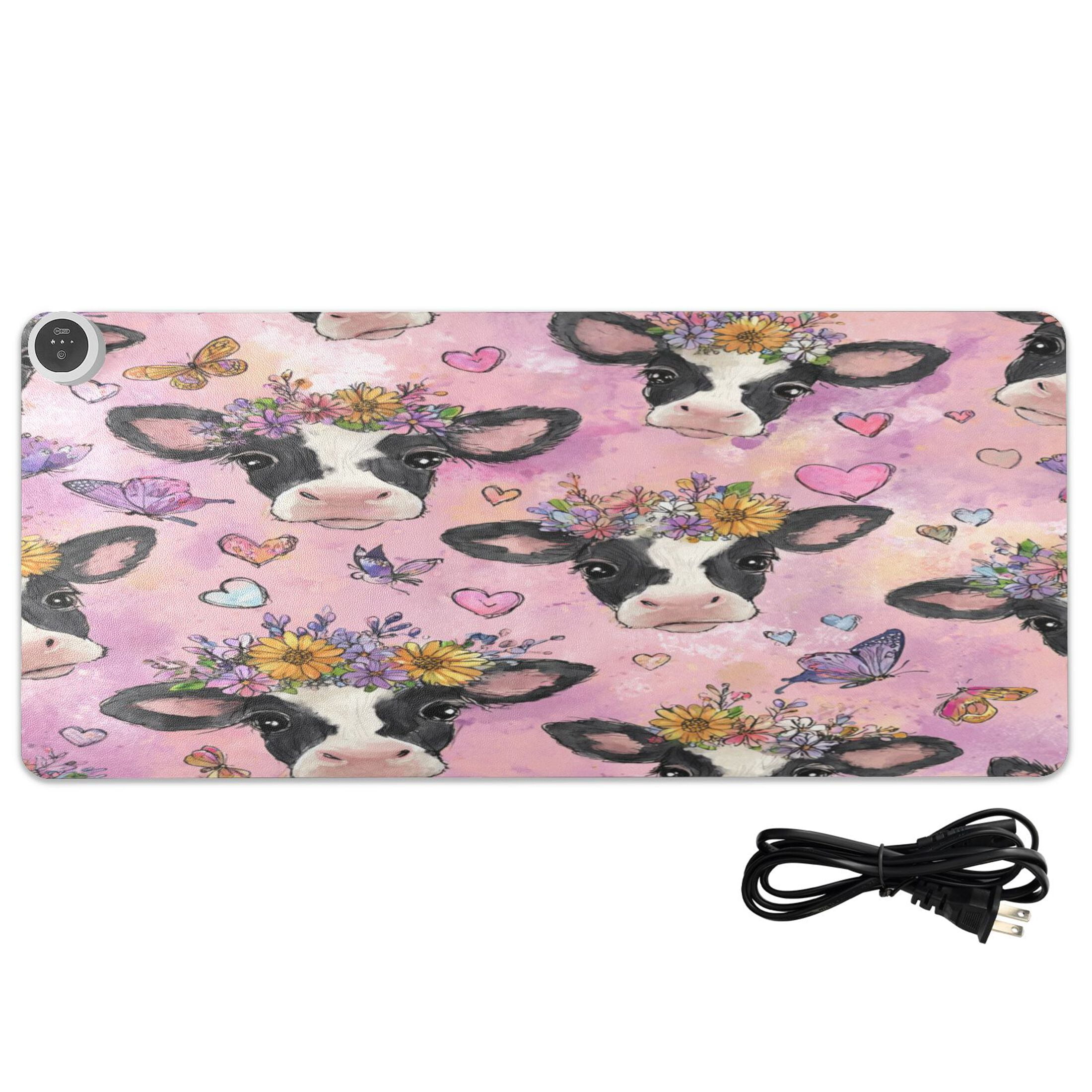 Large Heated Desk Mat Mouse Pad 31.5"x13"PU Leather Graphene Heating Desk Warmer with 3 Temperature Settings 110V US Plug Non-Slip Warm Pad for Home, Office, and Gaming Beautiful Cows with Flowers
