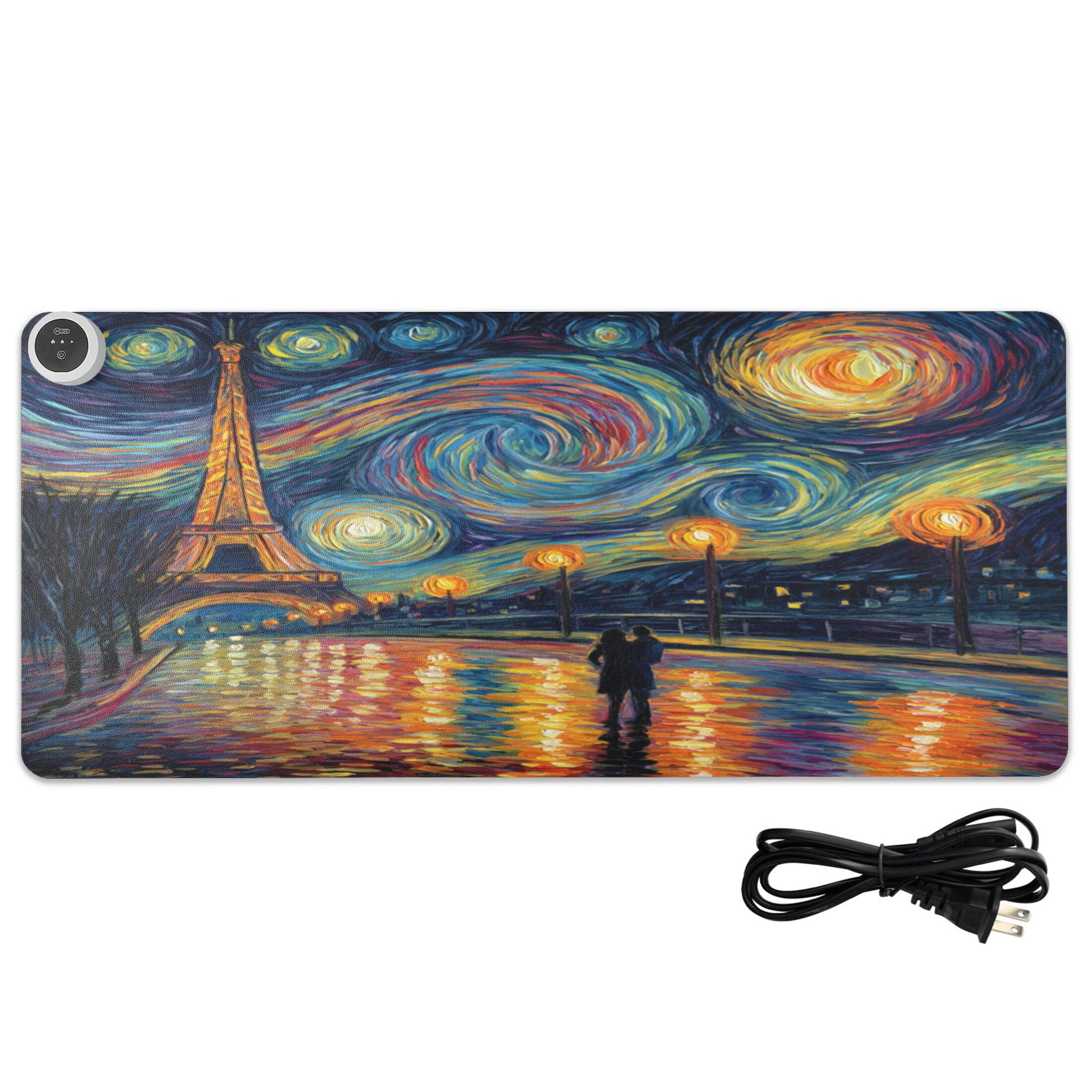 Large Heated Desk Mat Mouse Pad 31.5"x13"PU Leather Graphene Heating Desk Warmer with 3 Temperature Settings 110V US Plug Non-Slip Warm Pad for Home, Office, and Gaming Eiffel Tower under The Stars