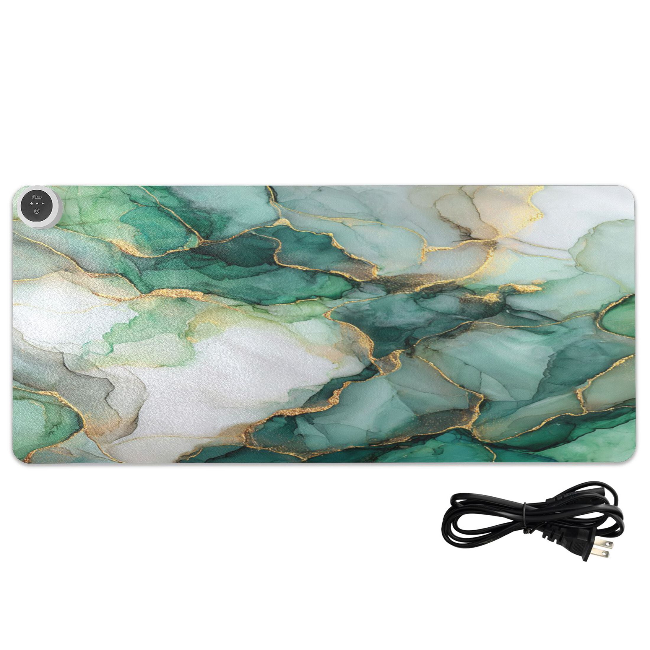 Large Heated Desk Mat Mouse Pad 31.5"x13"PU Leather Graphene Heating Desk Warmer with 3 Temperature Settings 110V US Plug Non-Slip Warm Pad for Home, Office, and Gaming Golden Green Marble Crack