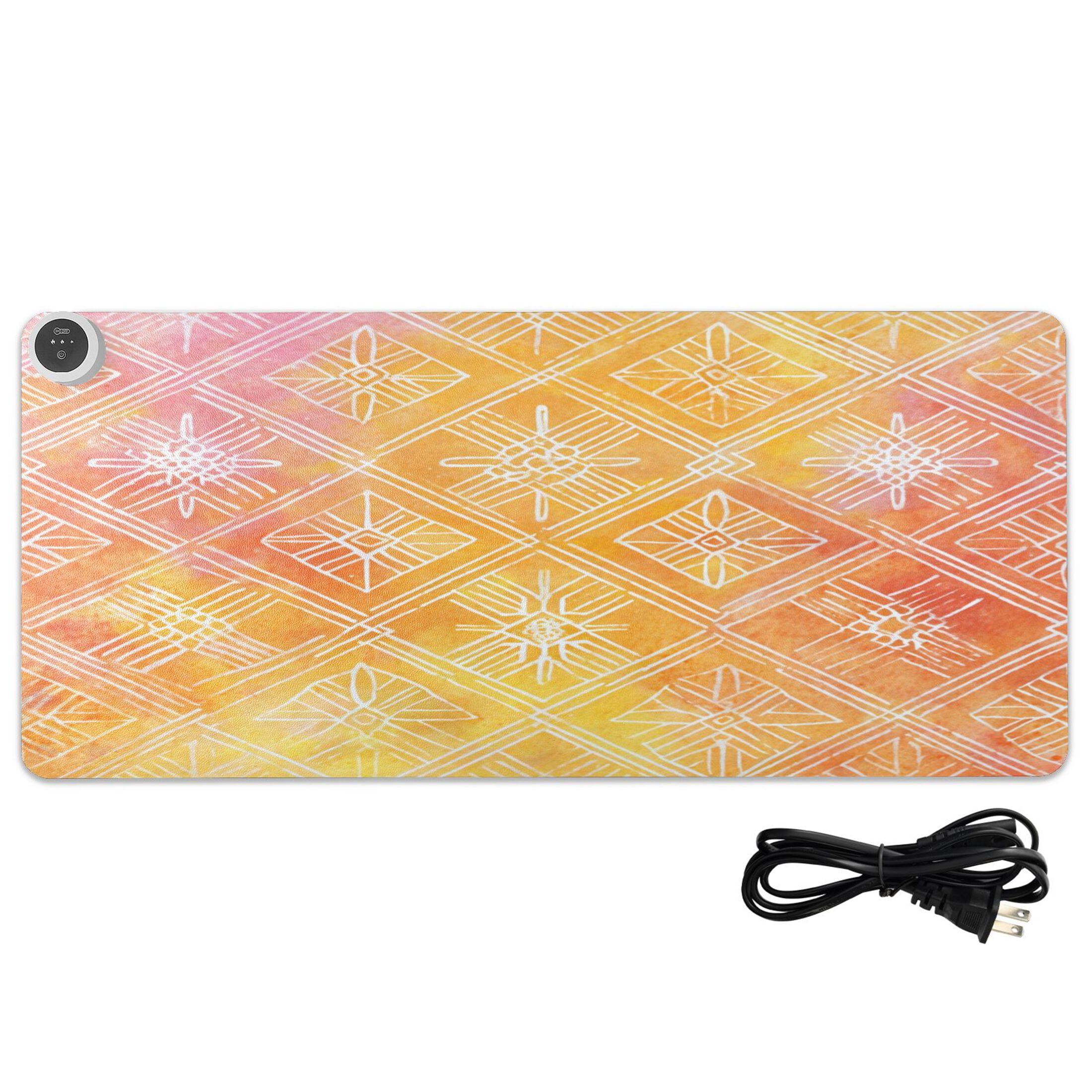Large Heated Desk Mat Mouse Pad 31.5"x13"PU Leather Graphene Heating Desk Warmer with 3 Temperature Settings 110V US Plug Non-Slip Warm Pad for Home, Office, and Gaming Orange Watercolor Batik Print