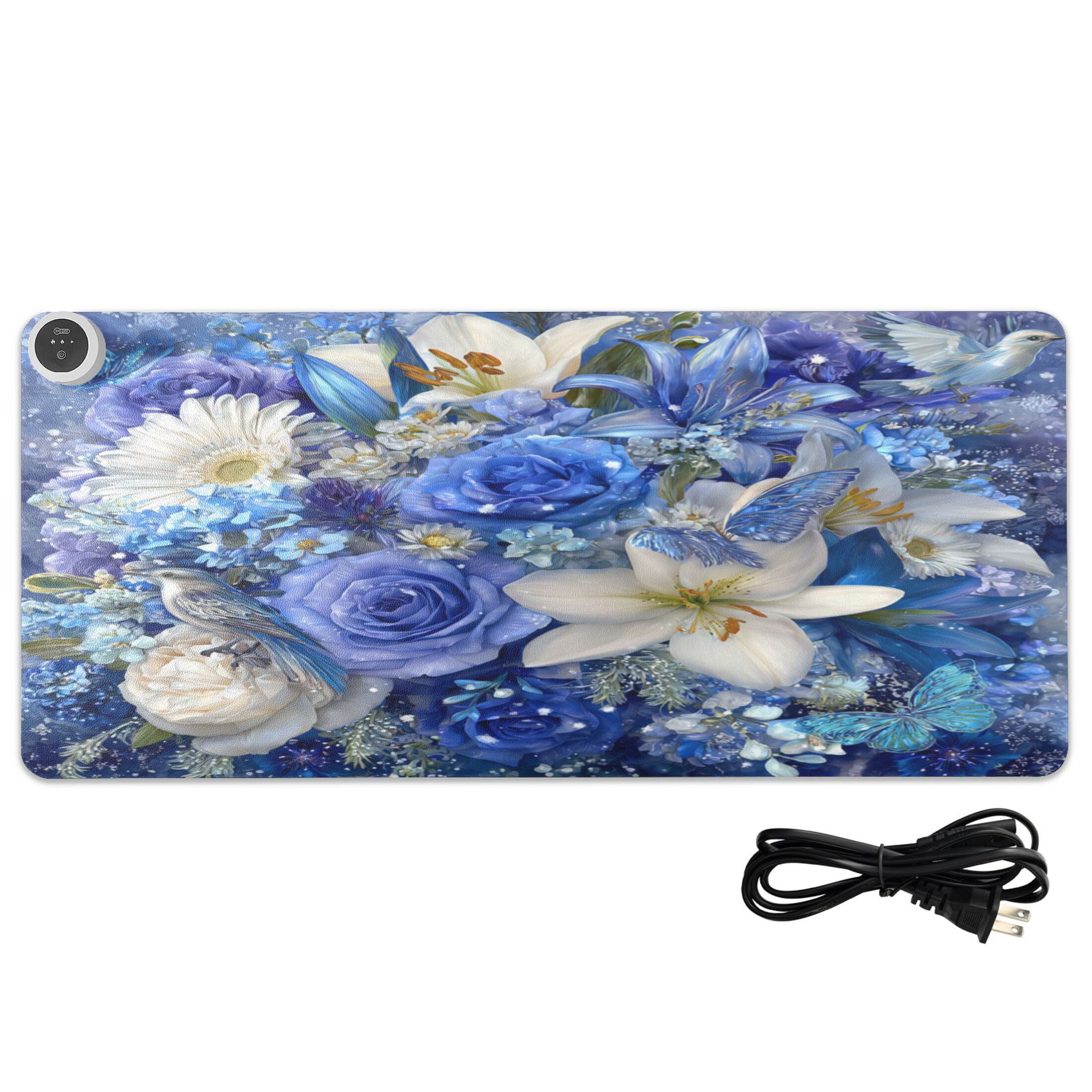 Large Heated Desk Mat Mouse Pad 31.5"x13"PU Leather Graphene Heating Desk Warmer with 3 Temperature Settings 110V US Plug Non-Slip Warm Pad for Home, Office, and Gaming Blue and White Crystal Roses