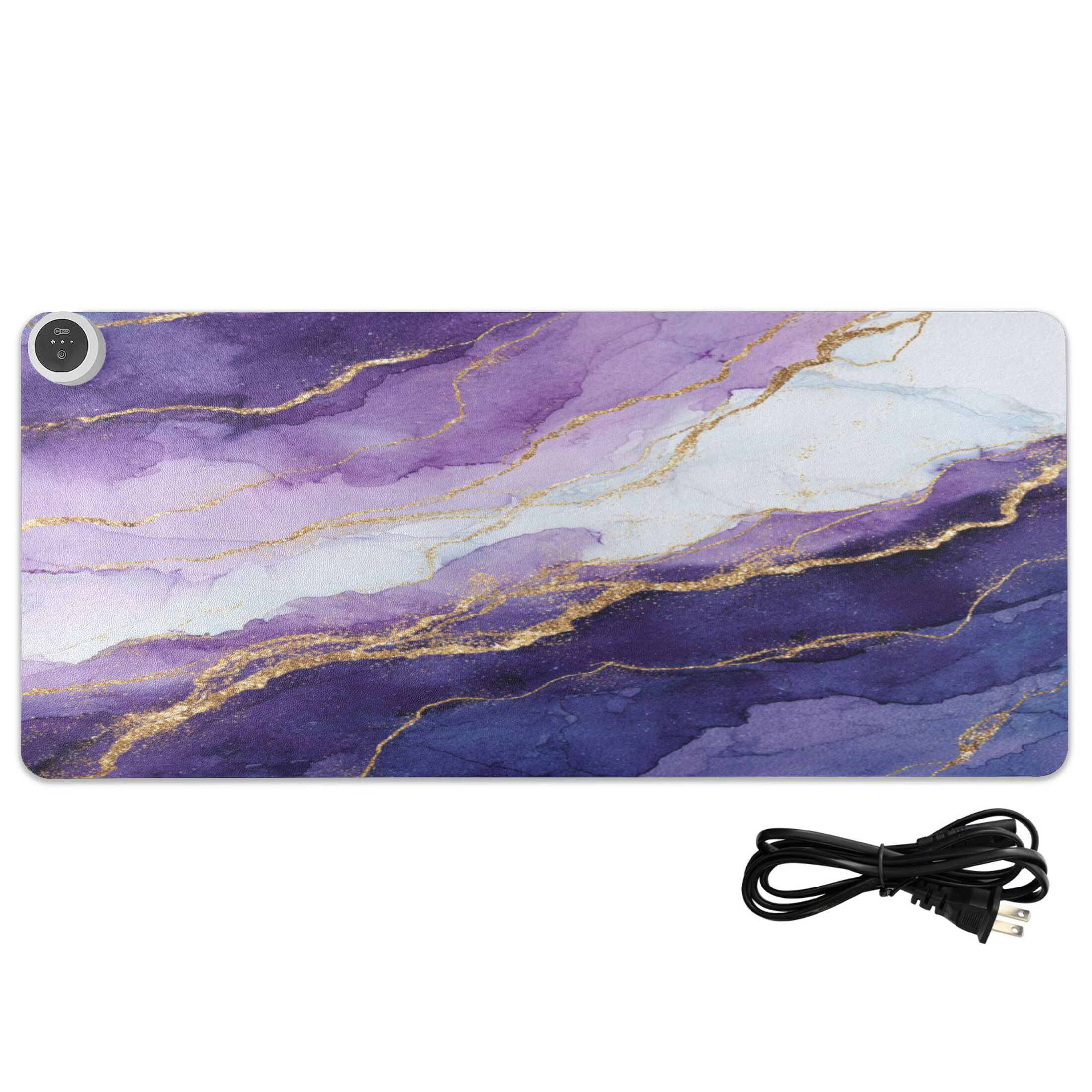 Large Heated Desk Mat Mouse Pad 31.5"x13"PU Leather Graphene Heating Desk Warmer with 3 Temperature Settings 110V US Plug Non-Slip Warm Pad for Home, Office, and Gaming Abstract Dark Purple Marble
