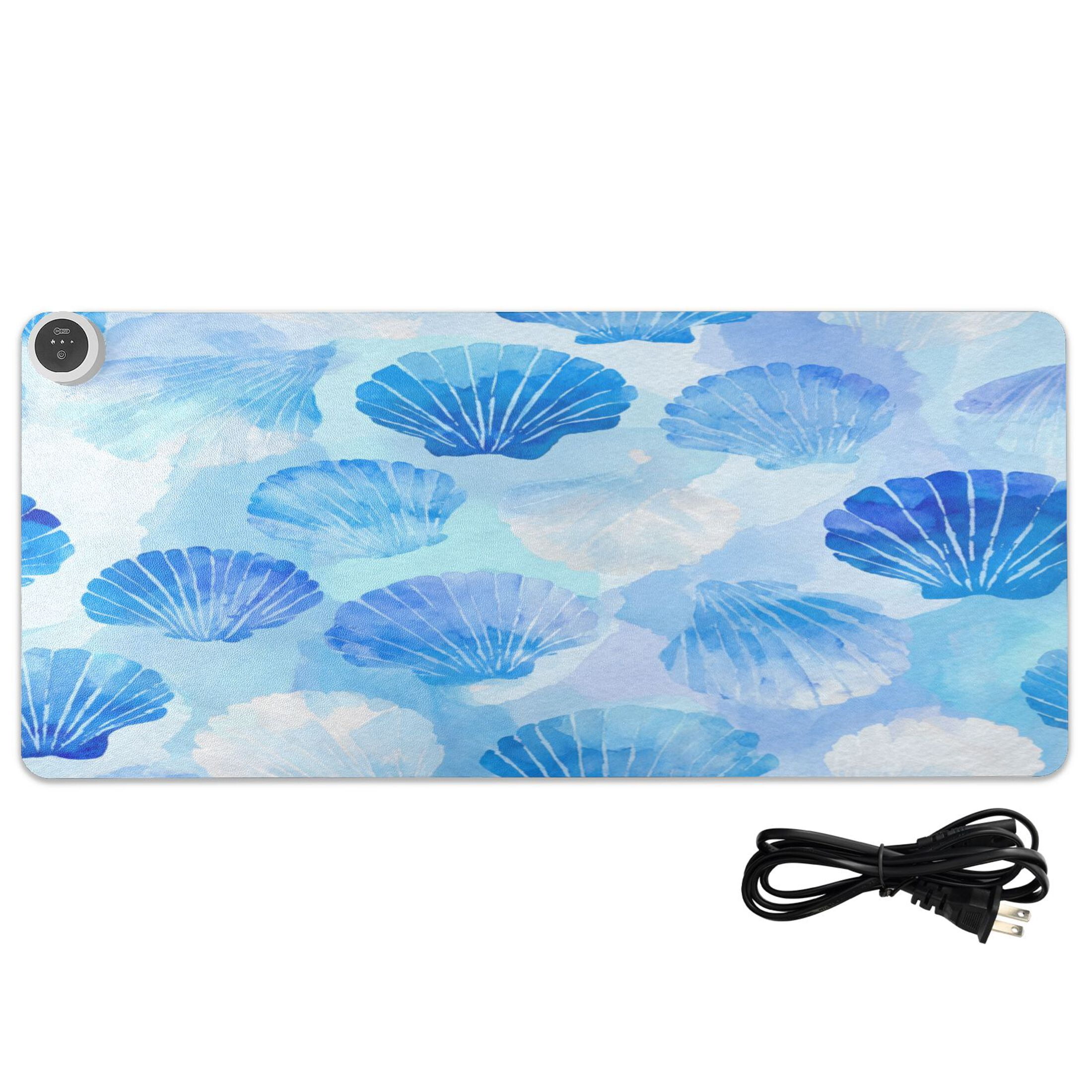 Large Heated Desk Mat Mouse Pad 31.5"x13"PU Leather Graphene Heating Desk Warmer with 3 Temperature Settings 110V US Plug Non-Slip Warm Pad for Home, Office, and Gaming Blue Scallop Shells Watercolor