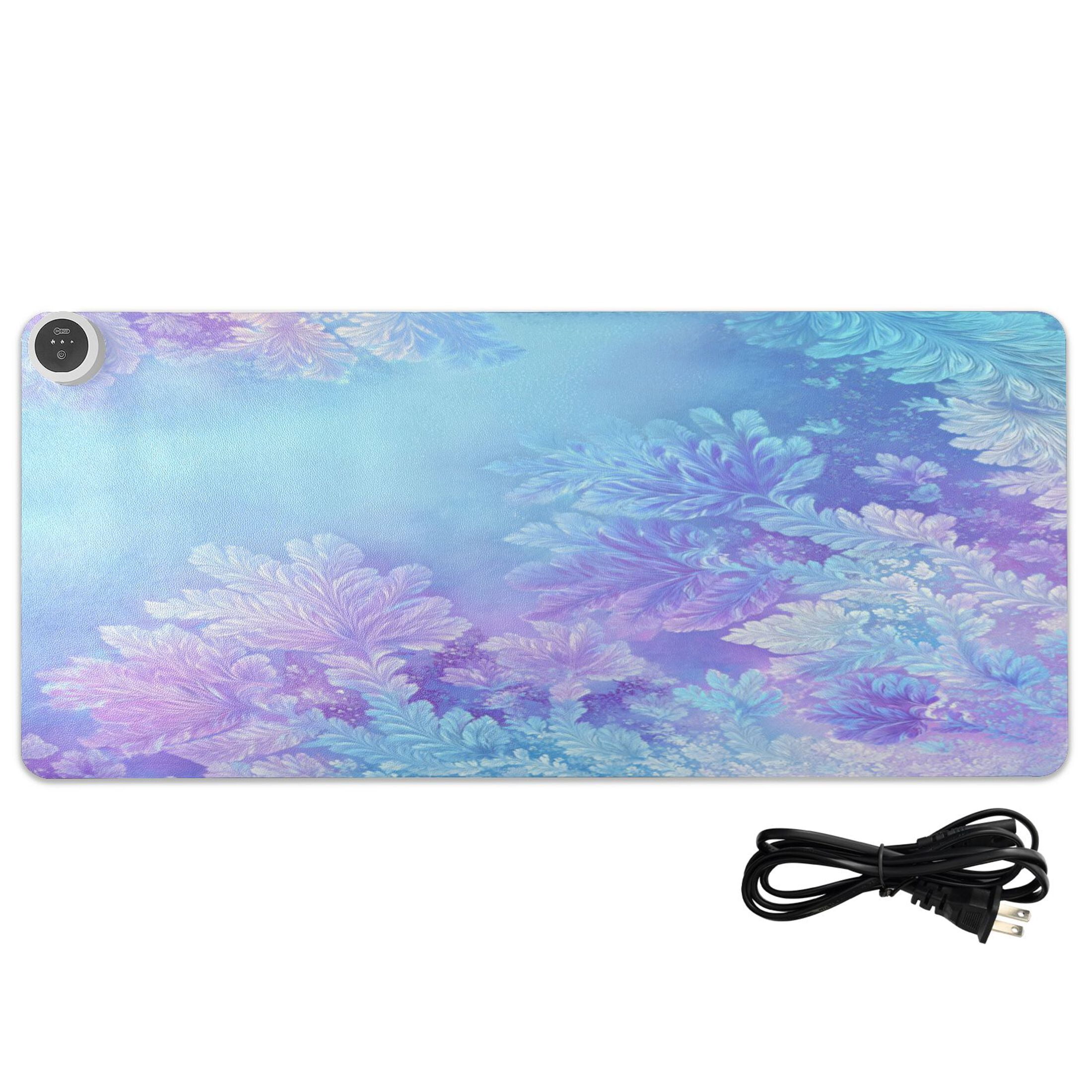 Large Heated Desk Mat Mouse Pad 31.5"x13"PU Leather Graphene Heating Desk Warmer with 3 Temperature Settings 110V US Plug Non-Slip Warm Pad for Home, Office, and Gaming Frosty Floral Ice Pattern